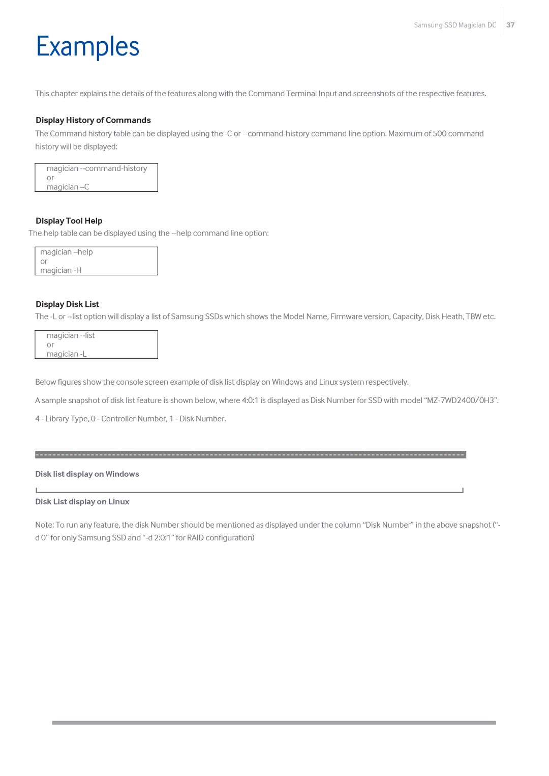 Samsung MZ-7LM240Z, MZ-7KM480Z, MZ-7KM240E manual Examples, Display History of Commands, Display Tool Help, Display Disk List 
