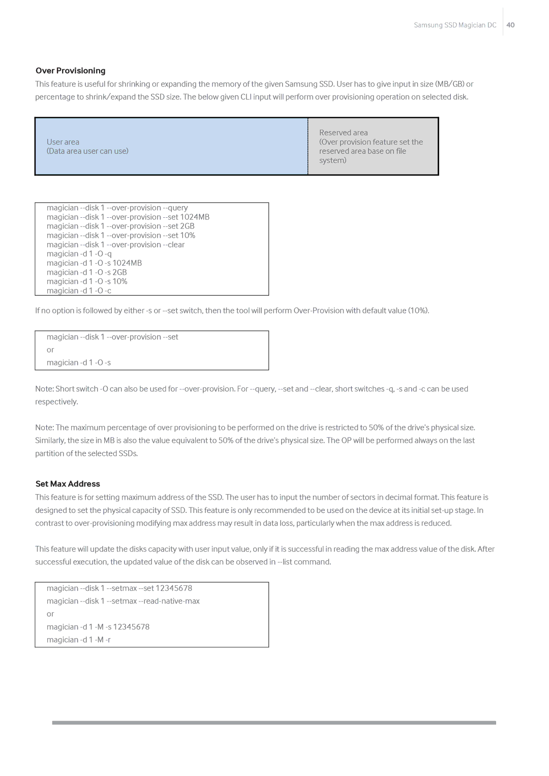 Samsung MZ-7KM480Z, MZ-7KM240E, MZ-7KM120E, MZ-7LM960Z, MZ-7LM960E manual Over Provisioning, Reserved area, Set Max Address 