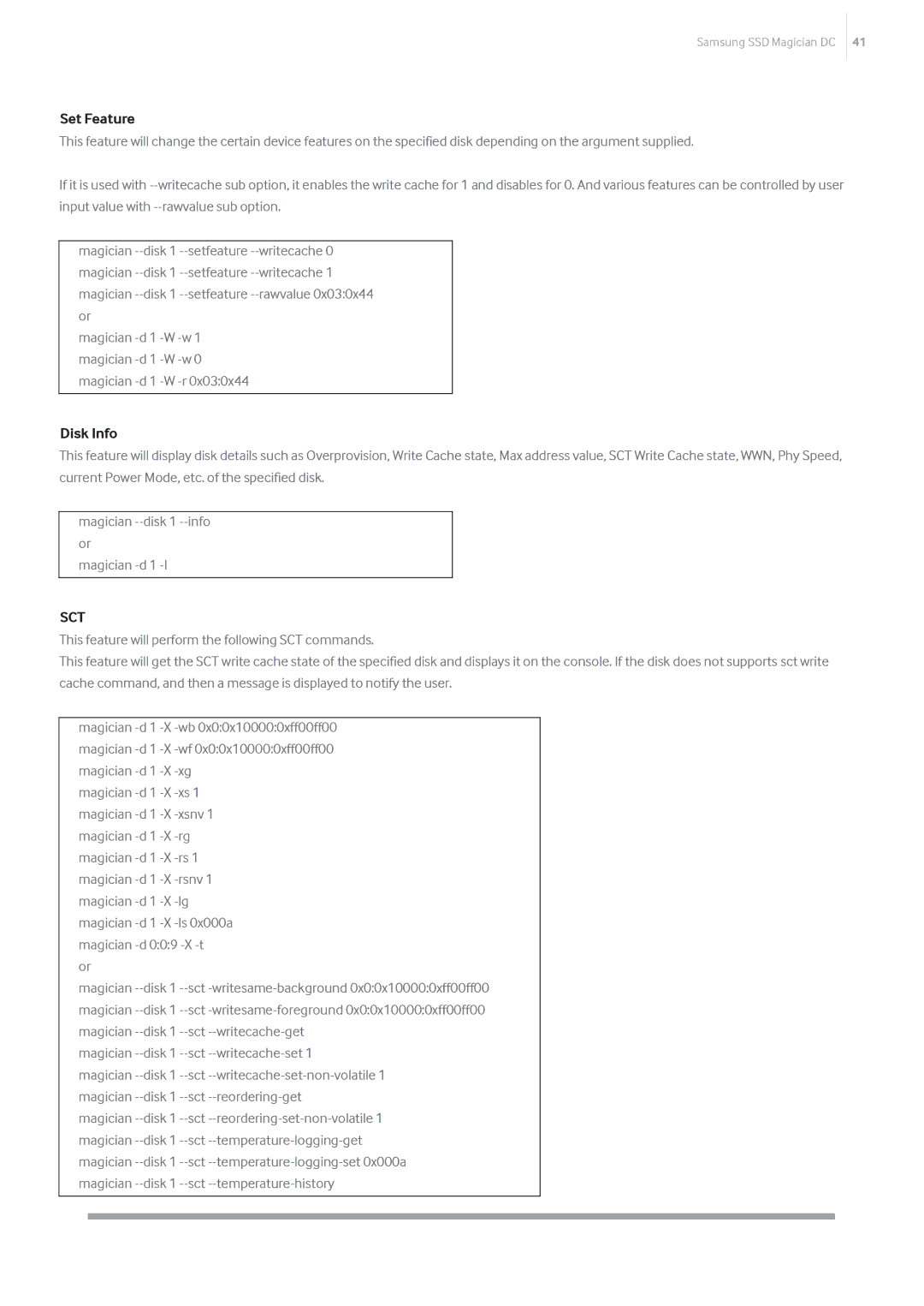 Samsung MZ-7KM240E, MZ-7KM480Z, MZ-7KM120E, MZ-7LM960Z manual Set Feature, Disk Info, Magician --disk 1 --sct --writecache-set 