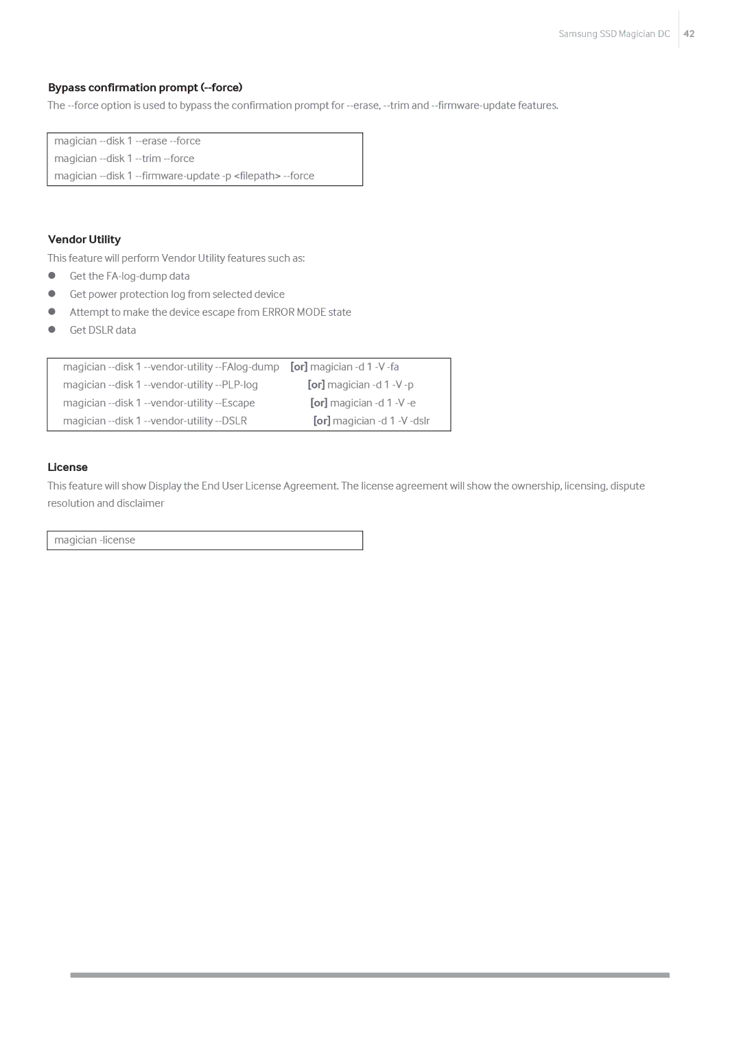 Samsung MZ-7KM120E, MZ-7KM480Z, MZ-7KM240E, MZ-7LM960Z manual Bypass confirmation prompt --force, Vendor Utility, License 