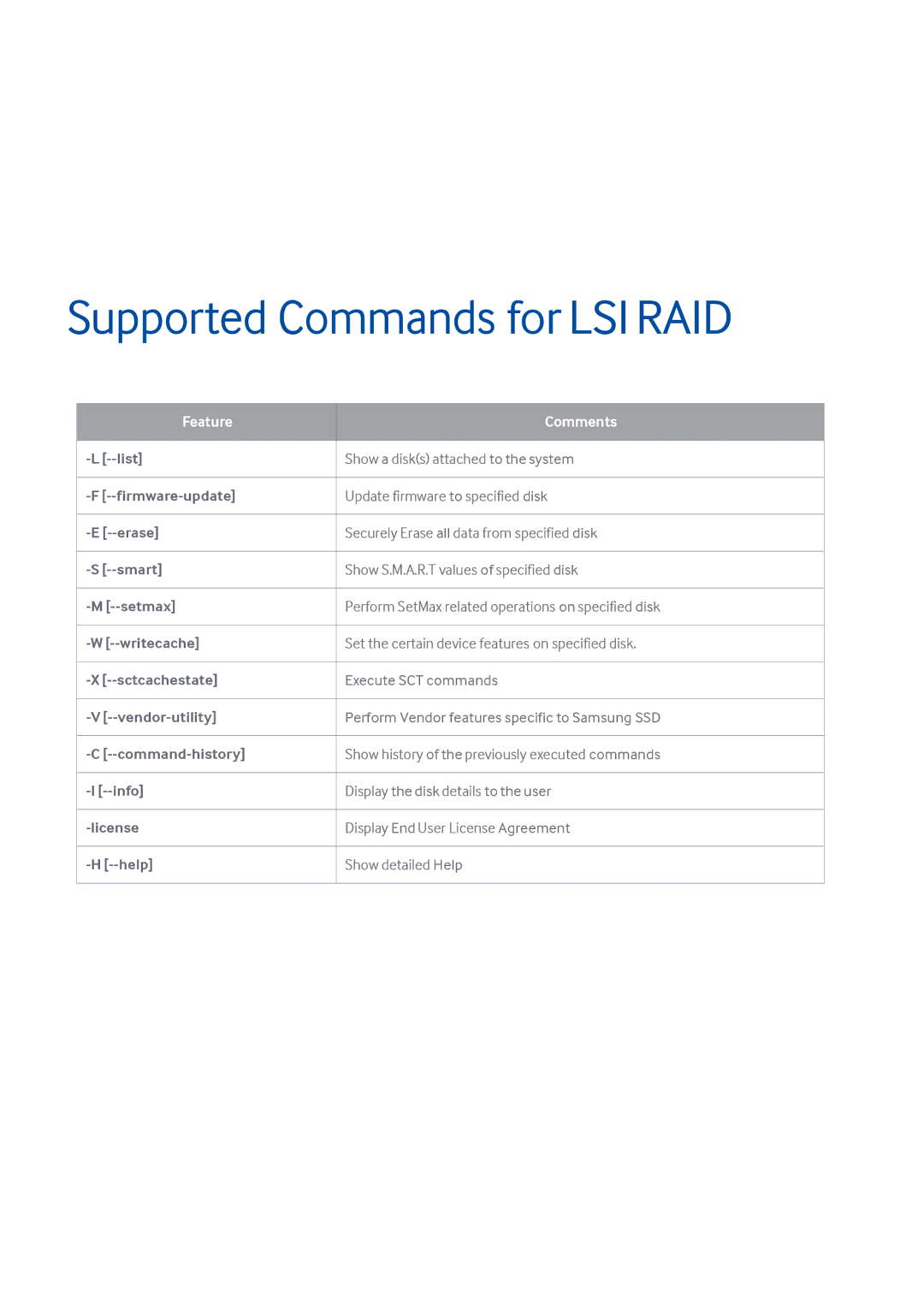 Samsung MZ-7LM480E, MZ-7KM480Z, MZ-7KM240E, MZ-7KM120E, MZ-7LM960Z, MZ-7LM960E, MZ-7KM480E manual Supported Commands for LSI RAID 