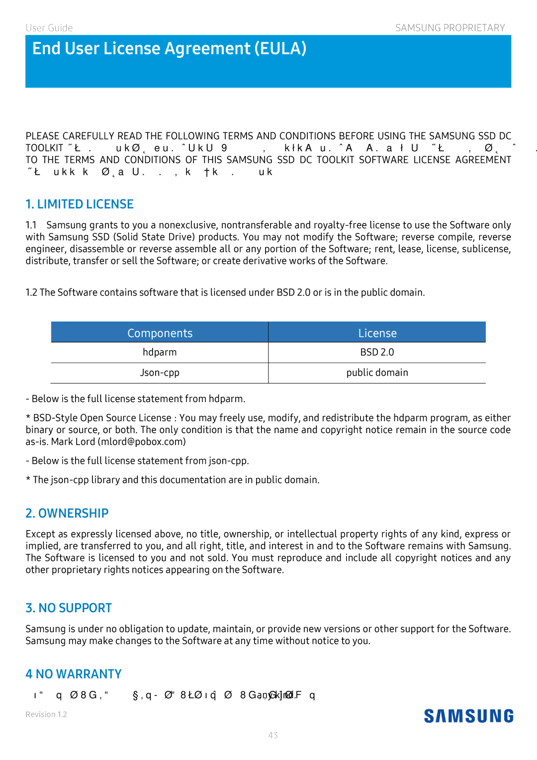 Samsung MZ-7LM480NE, MZ-7LM1T9NE, MZ-7LM960NE manual End User License Agreement Eula, Components License 