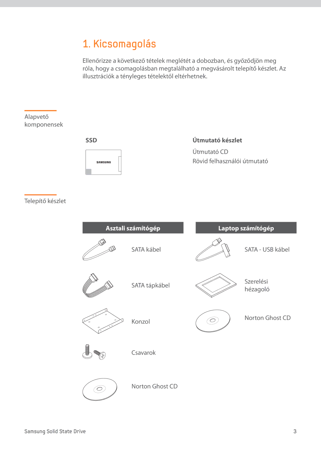 Samsung MZ-7PC128B/WW, MZ-7PC256B/WW, MZ-7PC064B/WW manual Kicsomagolás, Ssd 