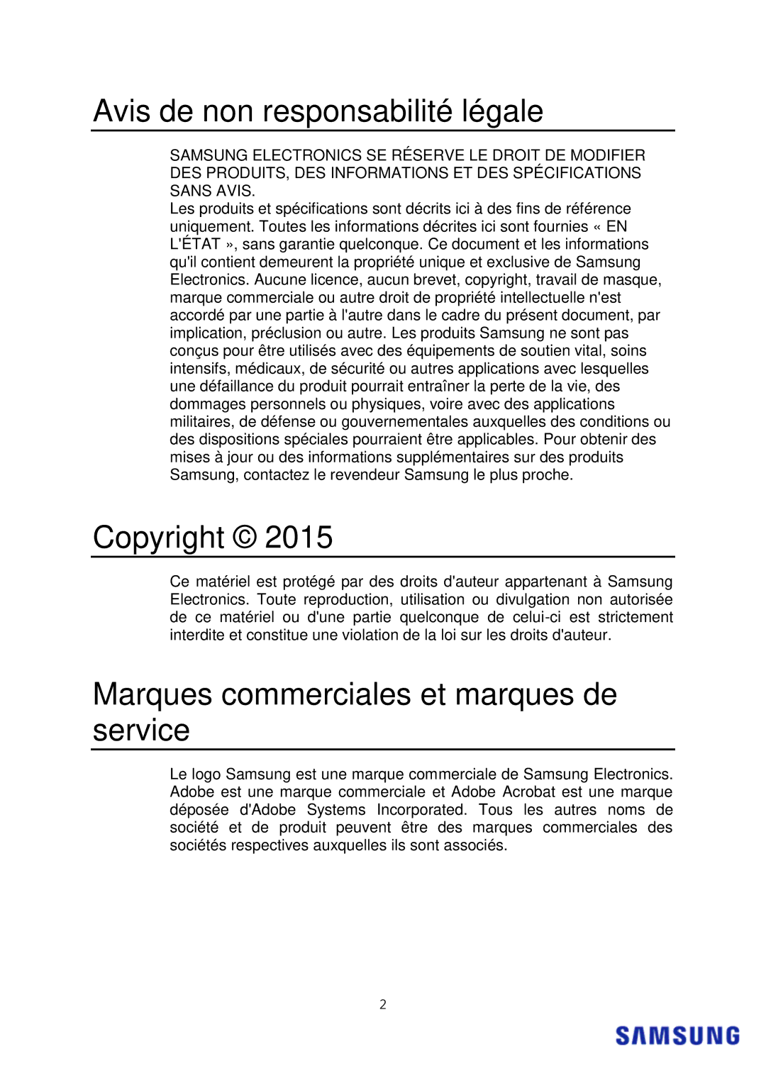 Samsung MZ-7PC128B/WW manual Avis de non responsabilité légale, Copyright, Marques commerciales et marques de service 