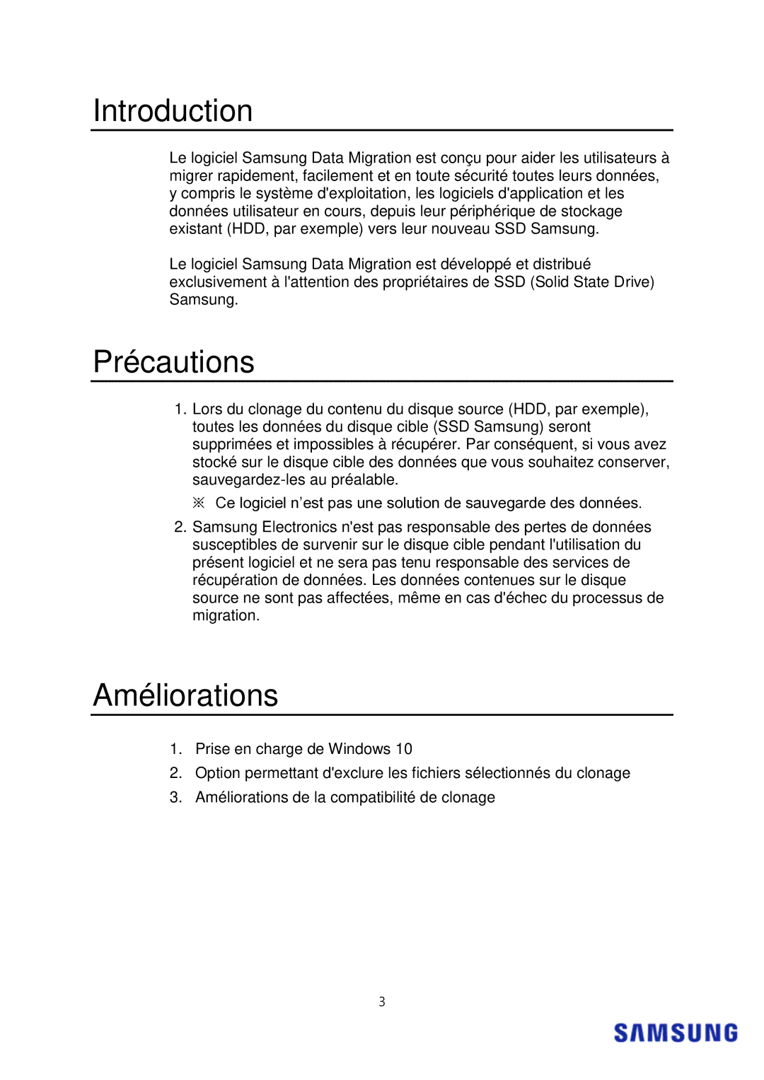 Samsung MZ-7PC128B/WW manual Introduction, Précautions, Améliorations 