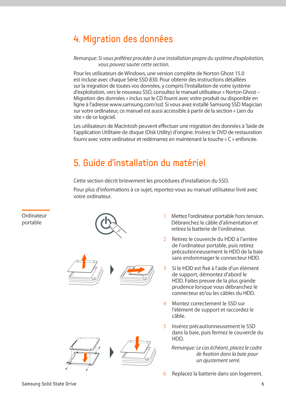 Samsung MZ-7PC064D/EU, MZ-7PC256D/EU manual Migration des données, Guide dinstallation du matériel, Ordinateur portable 