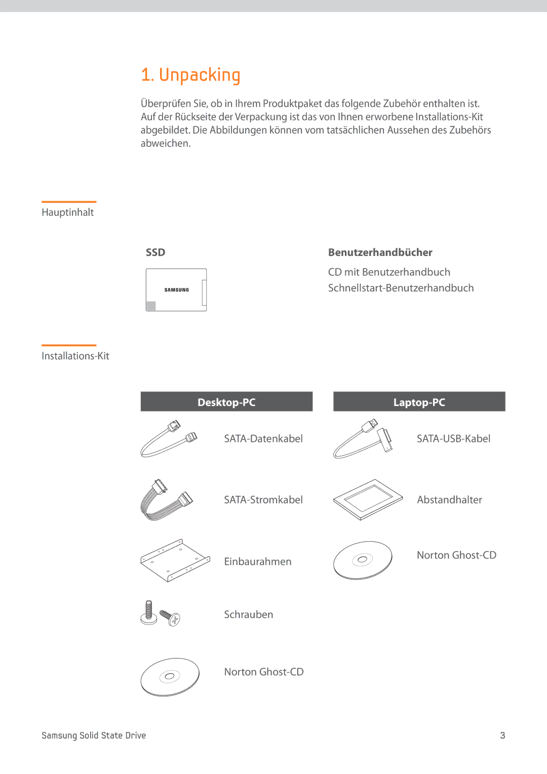 Samsung MZ-7PC128D/EU Unpacking, Benutzerhandbücher, CD mit Benutzerhandbuch, Installations-Kit, Schrauben Norton Ghost-CD 