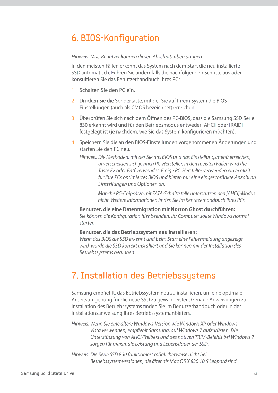 Samsung MZ-7PC512D/EU, MZ-7PC256D/EU, MZ-7PC128N/EU, MZ-7PC128D/EU manual BIOS-Konfiguration, Installation des Betriebssystems 