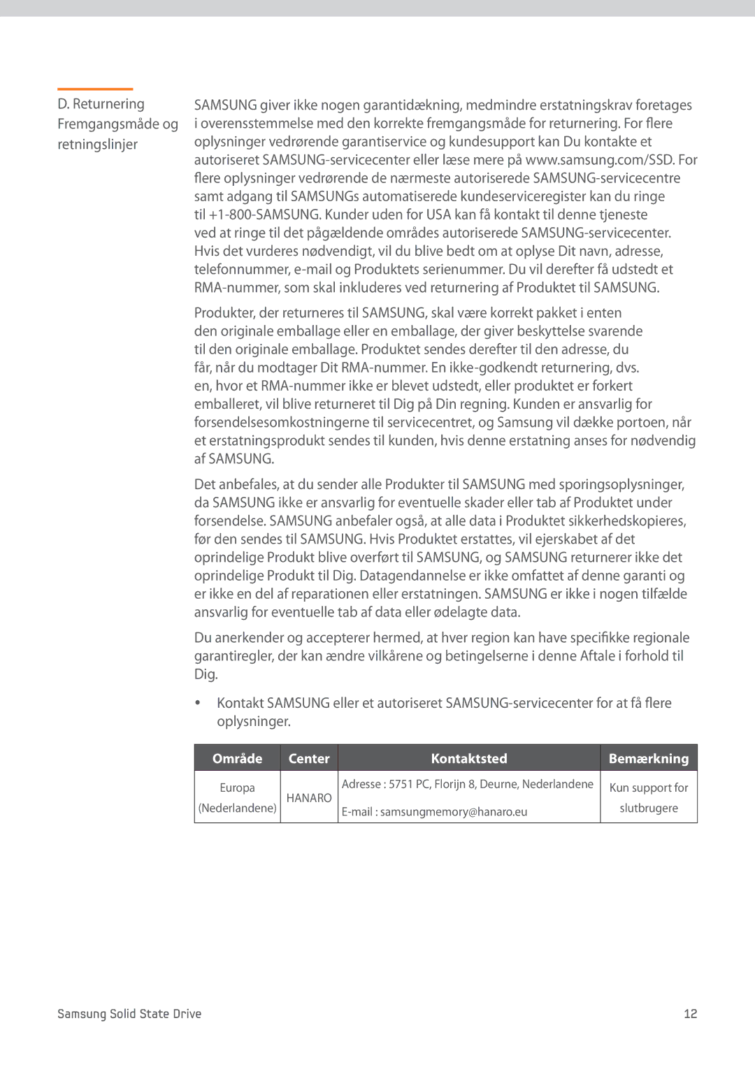 Samsung MZ-7PC256N/EU, MZ-7PC256D/EU Returnering Fremgangsmåde og retningslinjer, Område Center Kontaktsted Bemærkning 