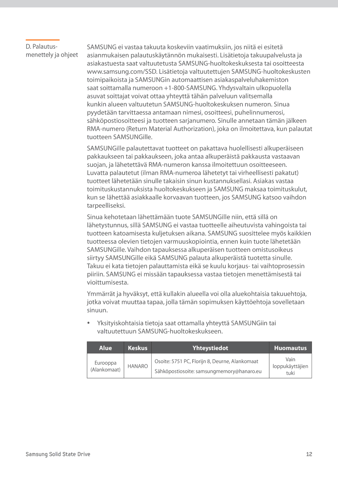 Samsung MZ-7PC256N/EU, MZ-7PC256D/EU, MZ-7PC512D/EU, MZ-7PC128N/EU, MZ-7PC128D/EU manual Alue Keskus Yhteystiedot Huomautus 