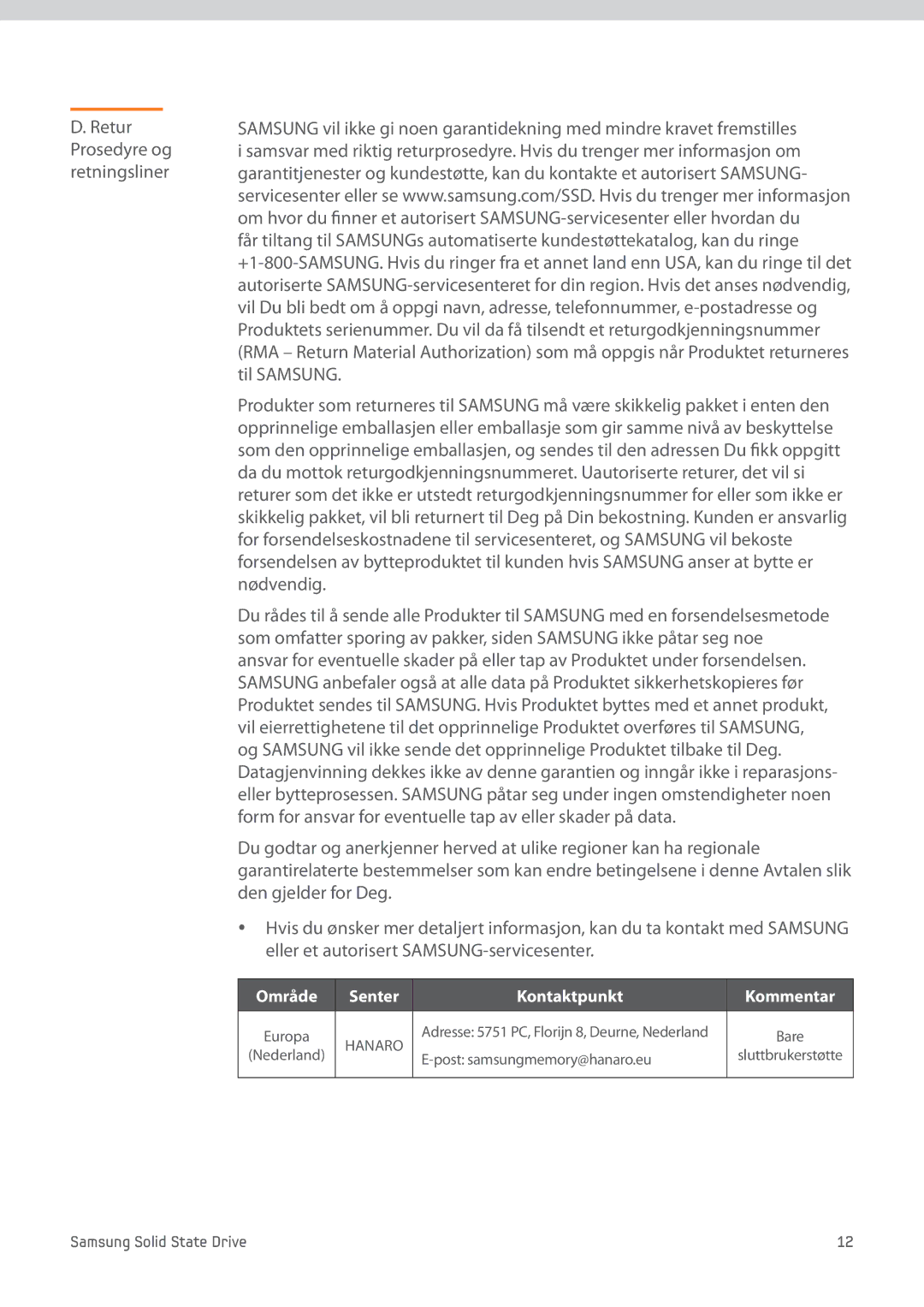 Samsung MZ-7PC256N/EU, MZ-7PC256D/EU, MZ-7PC512D/EU, MZ-7PC128N/EU, MZ-7PC128D/EU manual Område Senter Kontaktpunkt Kommentar 