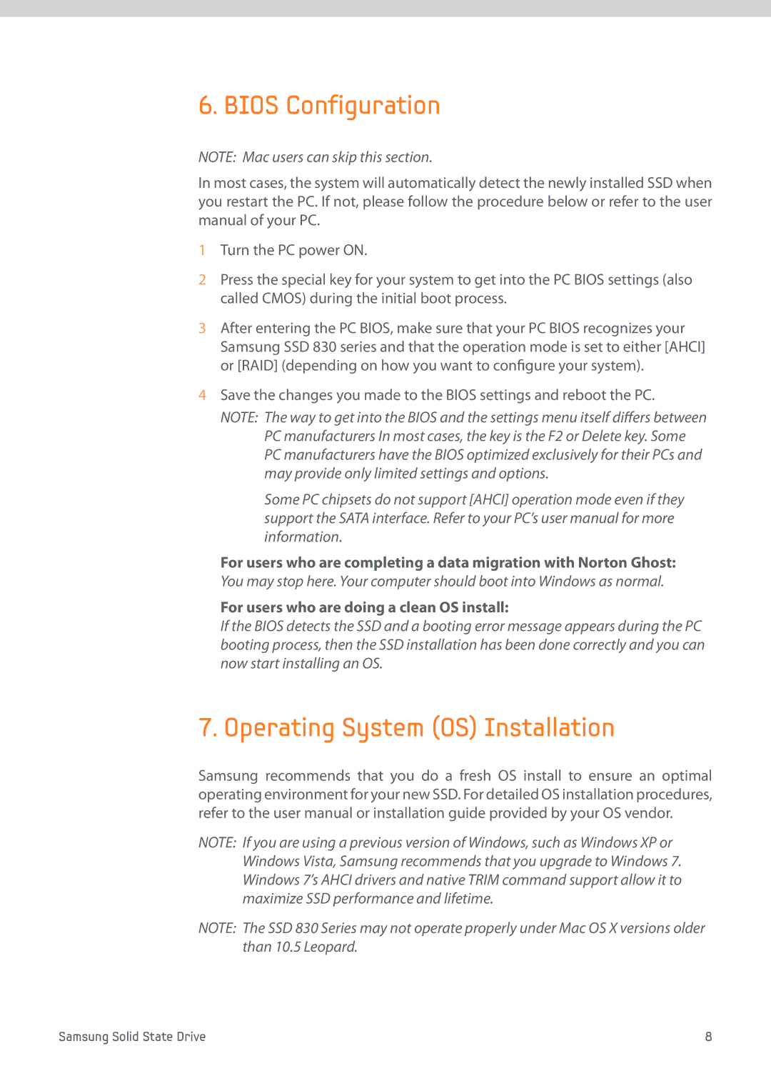 Samsung MZ-7PC064D/EU Bios Configuration, Operating System OS Installation, For users who are doing a clean OS install 