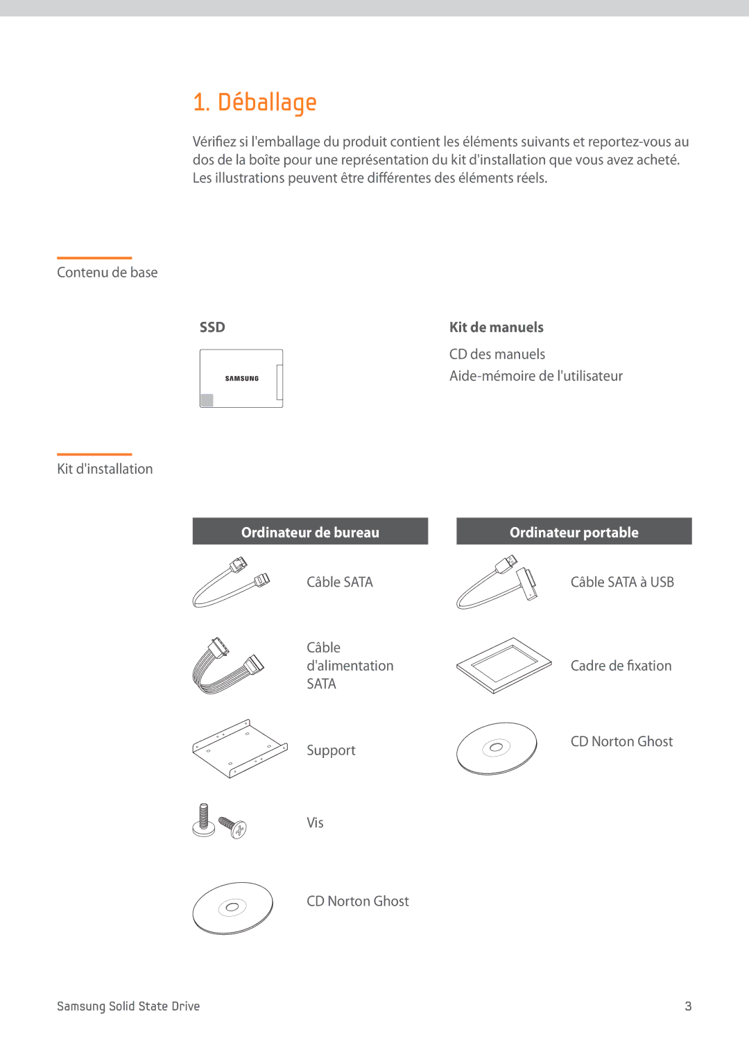 Samsung MZ-7PC064B/WW, MZ-7PC512B/WW, MZ-7PC128B/WW, MZ-7PC256B/WW manual Déballage 