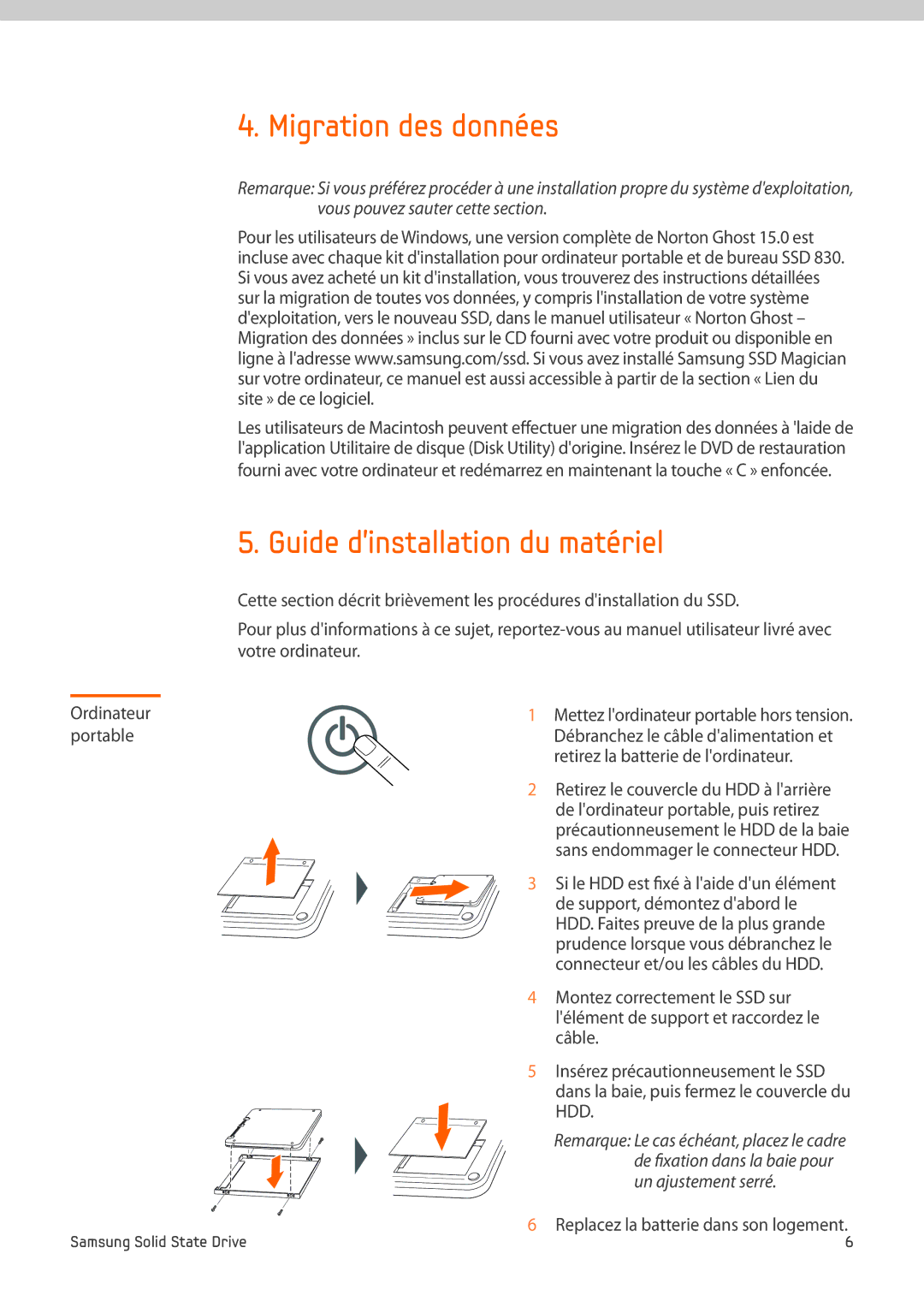 Samsung MZ-7PC256B/WW, MZ-7PC512B/WW manual Migration des données, Guide dinstallation du matériel, Ordinateur portable 