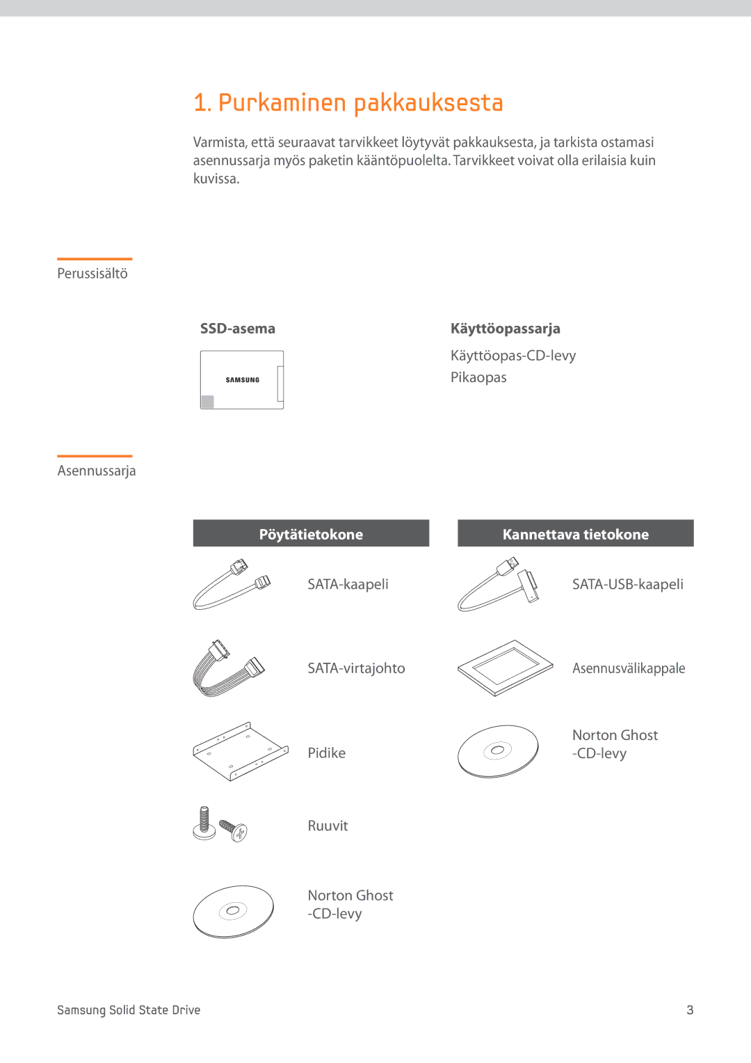 Samsung MZ-7PC064B/WW manual Purkaminen pakkauksesta, SSD-asemaKäyttöopassarja, Käyttöopas-CD-levy Pikaopas Asennussarja 