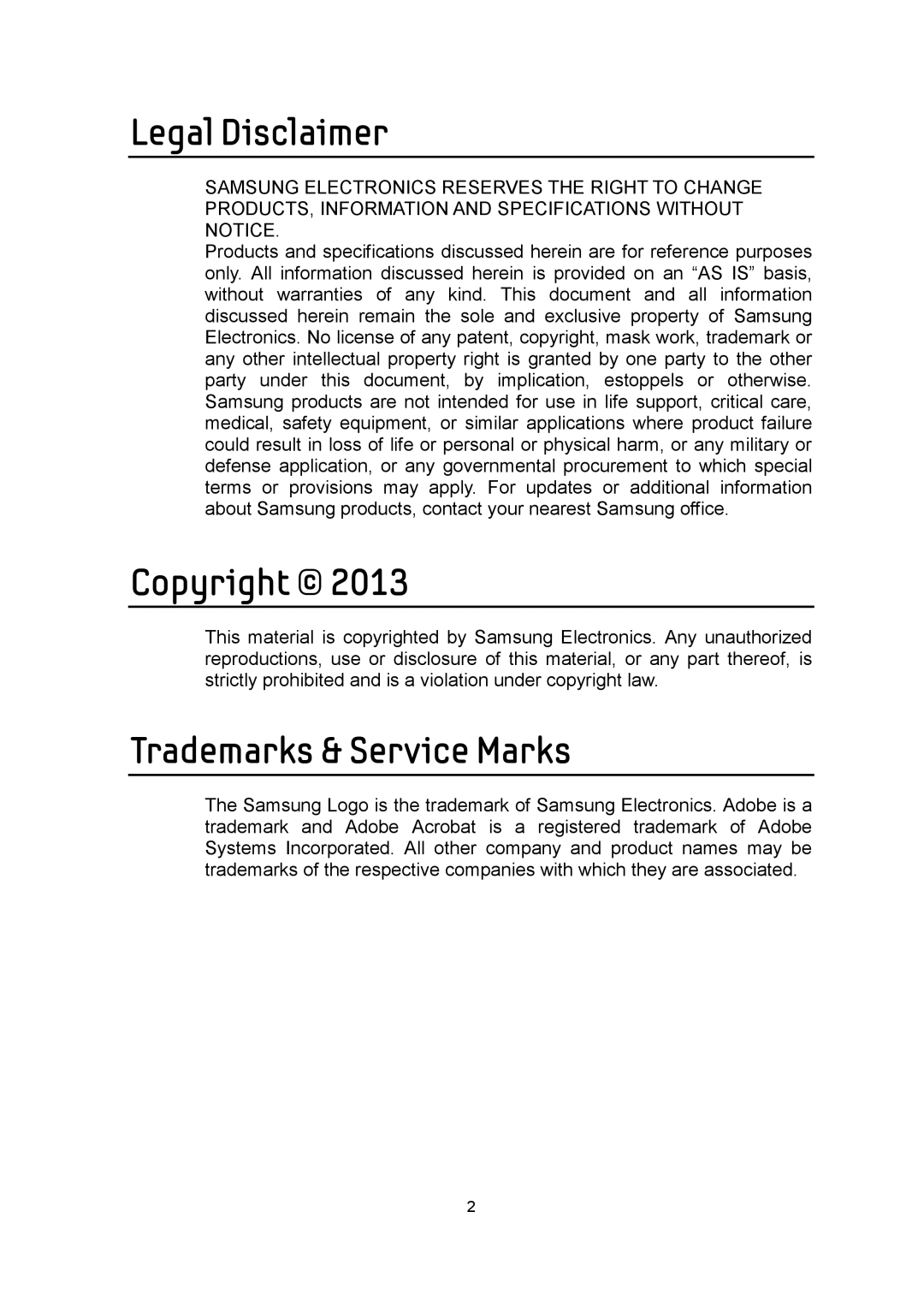 Samsung MZ-7PD256Z, MZ-7PD512BW, MZ-7PD128Z, MZ-7PD128BW, MZ-7PD512Z Legal Disclaimer, Copyright, Trademarks & Service Marks 