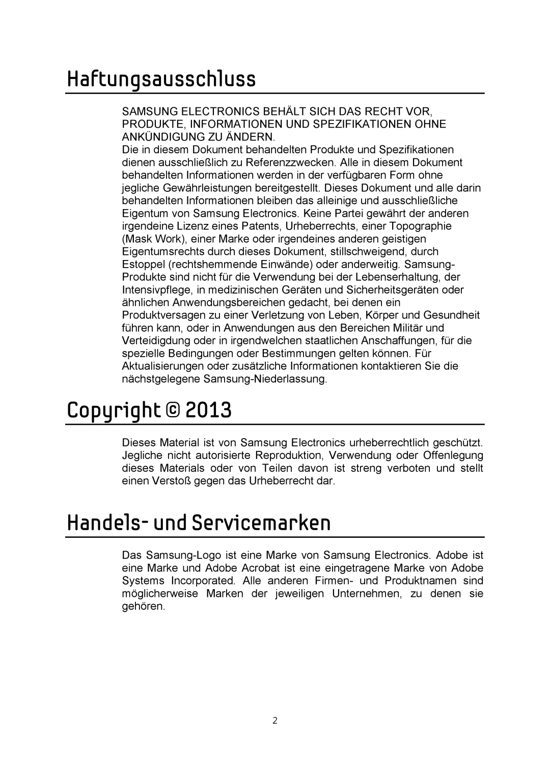 Samsung MZ-7PD256Z, MZ-7PD512BW, MZ-7PD128Z, MZ-7PD128BW manual Haftungsausschluss, Copyright, Handels- und Servicemarken 