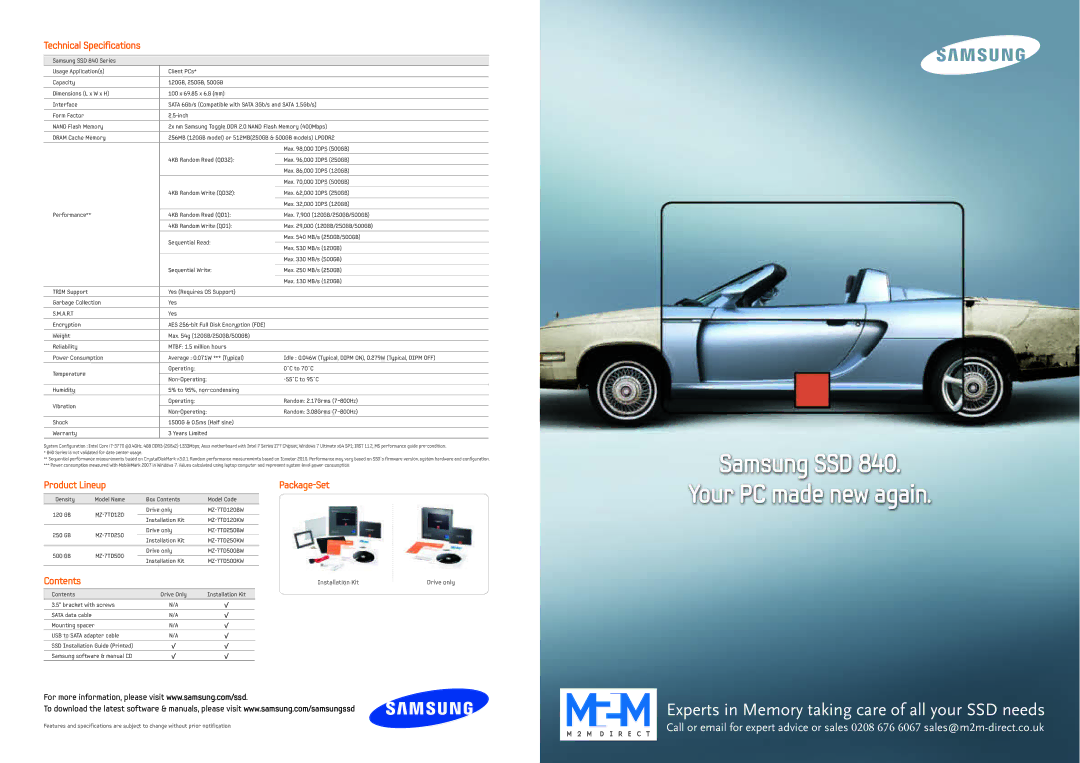 Samsung MZ-7TD250KW technical specifications Technical Specifications, Product Lineup Package-Set 