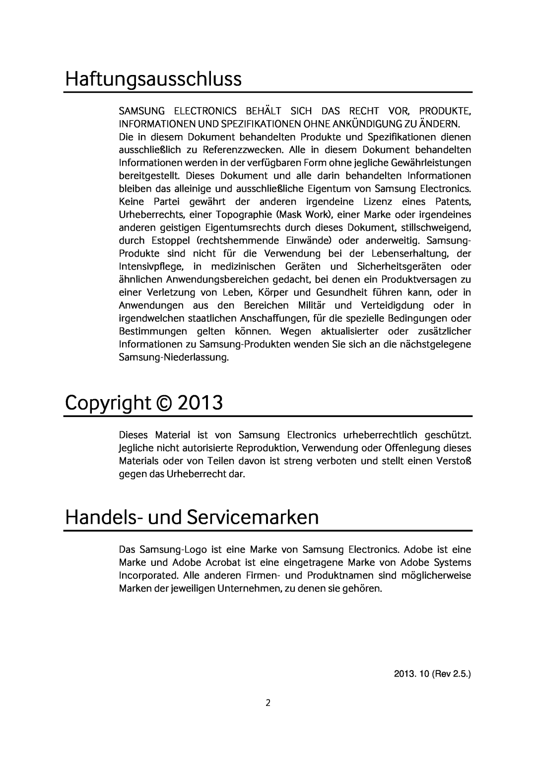 Samsung MZ-7TD120KW, MZ-7TD500BW, MZ-7TD250KW manual Haftungsausschluss, Copyright, Handels- und Servicemarken, 2013. 10 Rev 