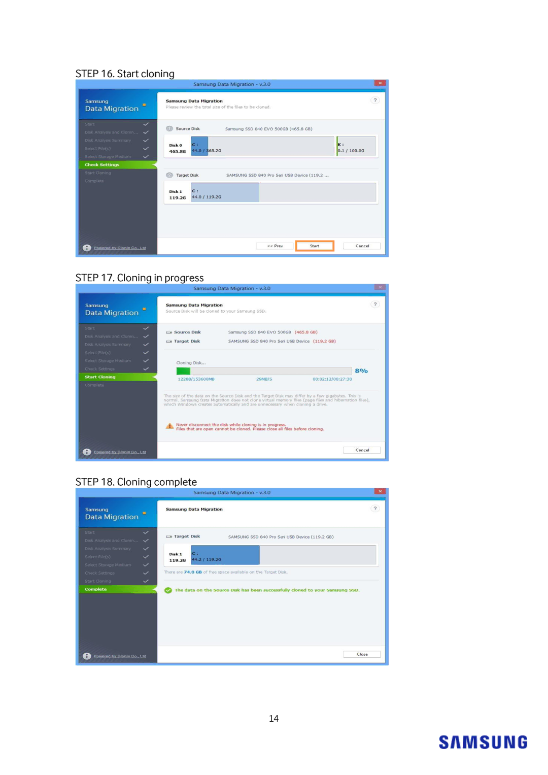 Samsung MZ-7TE1T0Z, MZ-7TE250KW, MZ-7TE250BW, MZ-7TE750BW, MZ-7TE500BW Start cloning Cloning in progress Cloning complete 