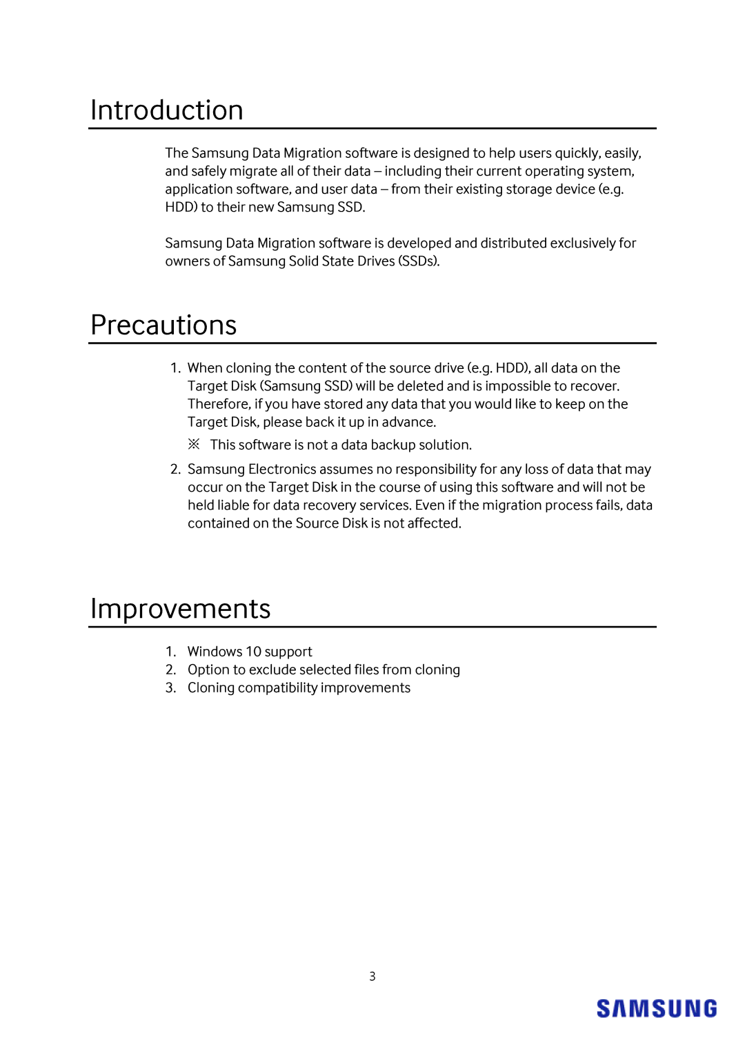 Samsung MZ-7TE500BW, MZ-7TE250KW, MZ-7TE250BW, MZ-7TE750BW, MZ-MTE120BW, MZ-MTE250BW Introduction, Precautions, Improvements 