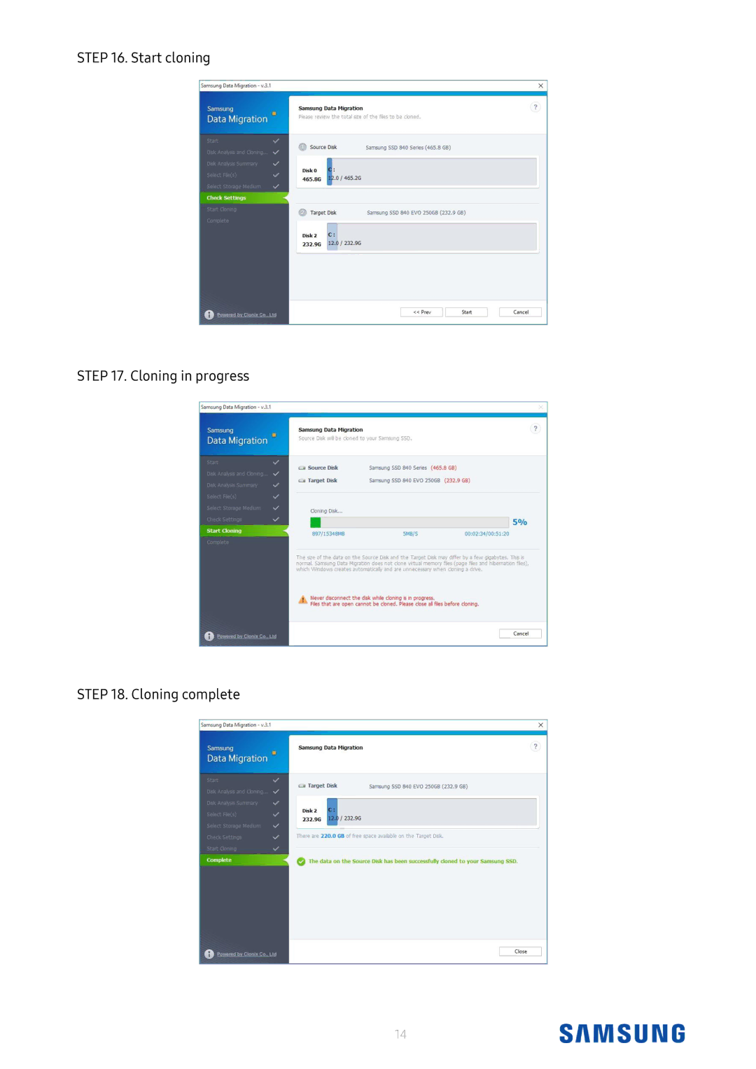 Samsung MZ-76E1T0B/EU, MZ-N6E2T0BW, MZ-76P1T0B/EU, MZ-N6E1T0BW manual Start cloning Cloning in progress Cloning complete 