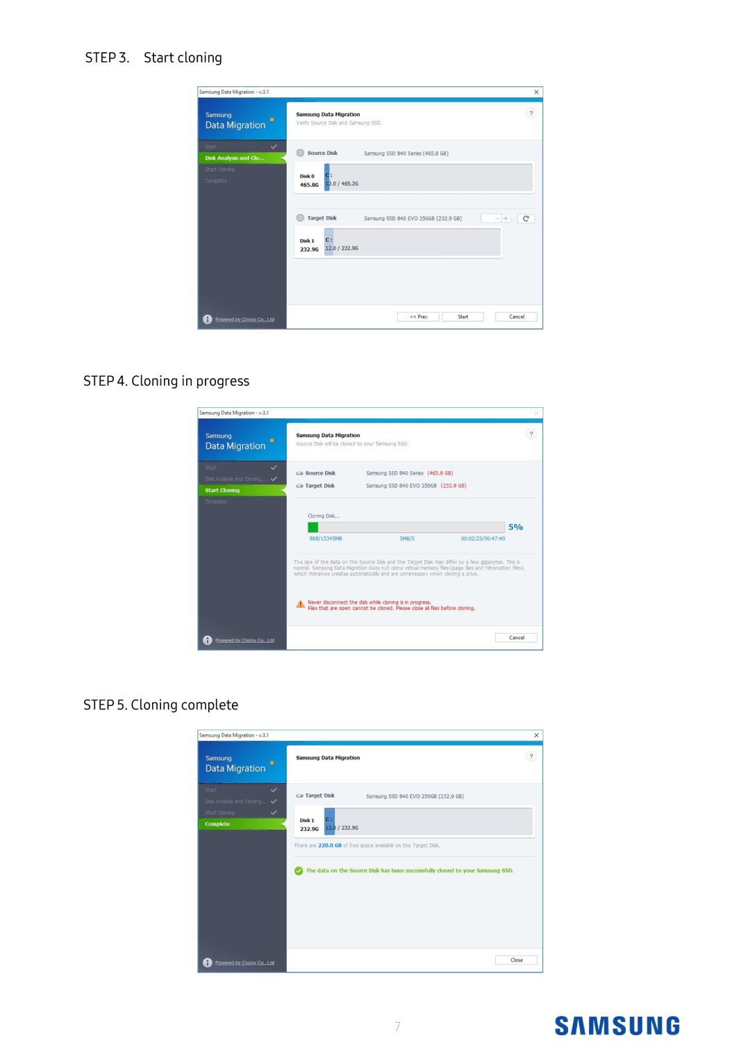 Samsung MZ-76E500B/EU, MZ-N6E2T0BW, MZ-76P1T0B/EU, MZ-N6E1T0BW manual Start cloning Cloning in progress Cloning complete 