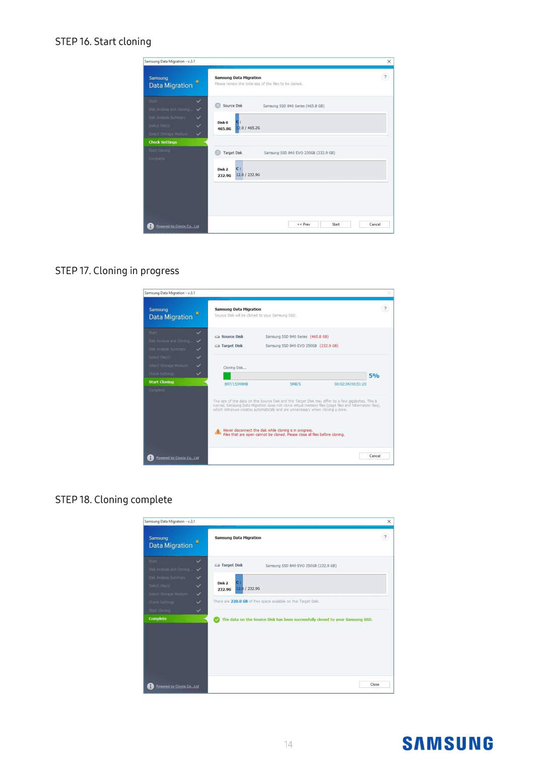 Samsung MZ-75E500B/EU, MZ-V6P512BW, MZ-V6E1T0BW, MZ-V5P512BW, MZ-7KE512BW Start cloning Cloning in progress Cloning complete 