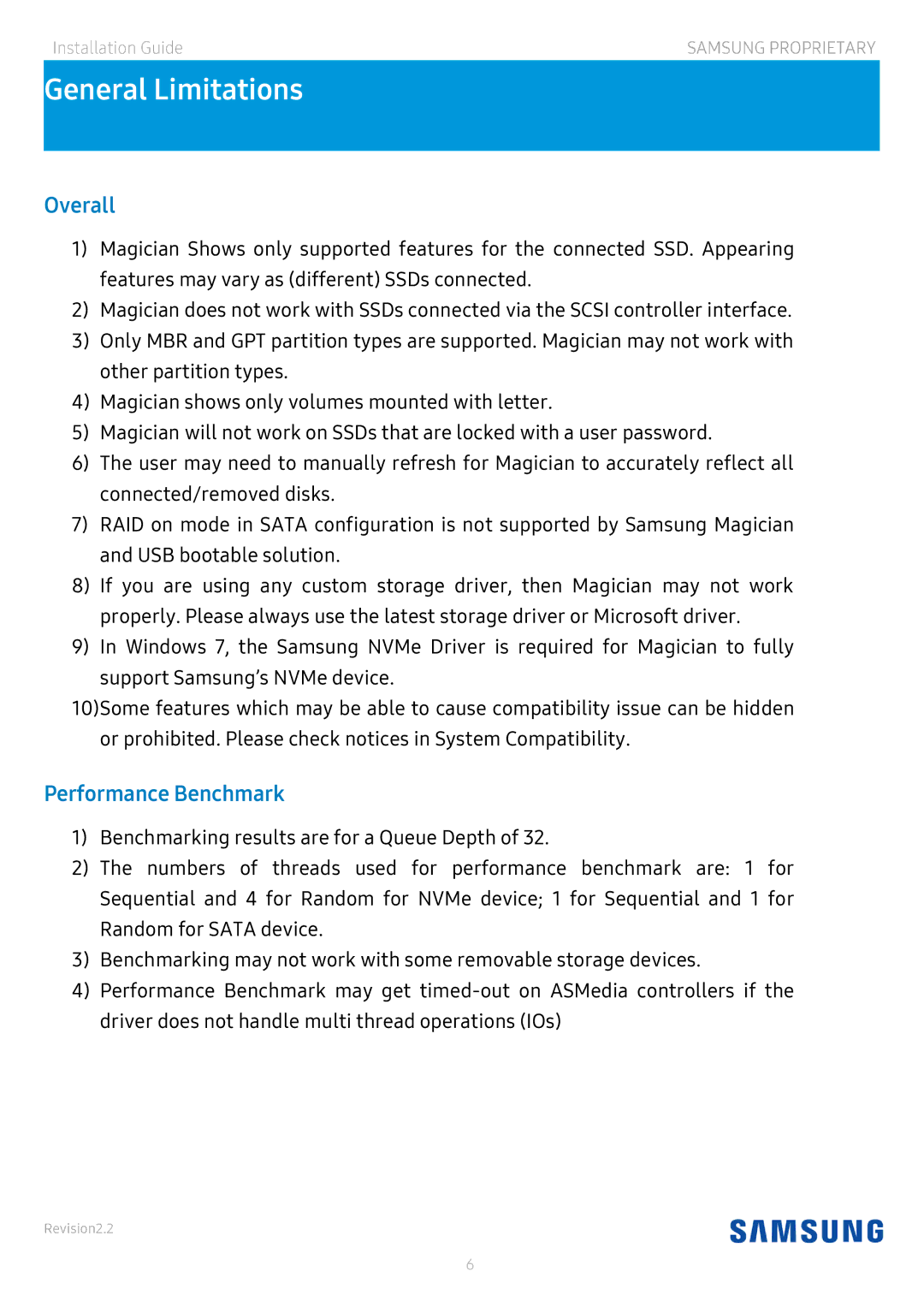 Samsung MZ-7KE256BW, MZ-V6P512BW, MZ-V6E1T0BW, MZ-V5P512BW, MZ-N6E2T0BW General Limitations, Overall, Performance Benchmark 