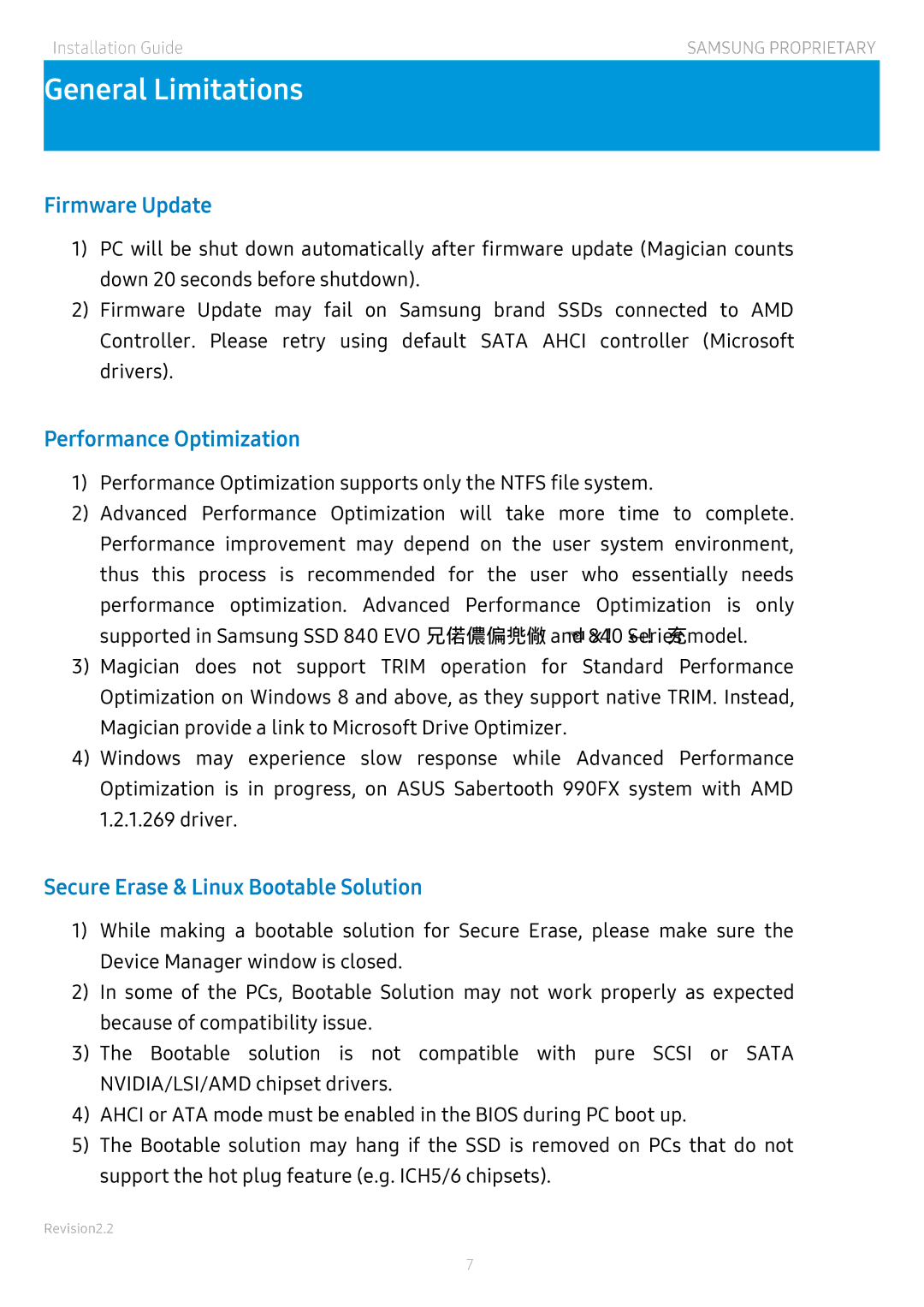 Samsung MZ-N5E250BW, MZ-V6P512BW manual Firmware Update, Performance Optimization, Secure Erase & Linux Bootable Solution 