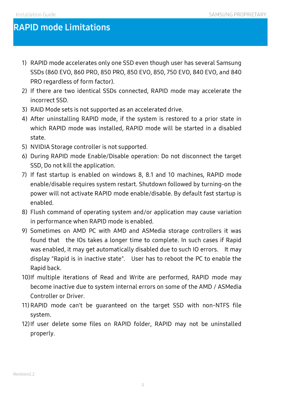 Samsung MZ-76P1T0B/EU, MZ-V6P512BW, MZ-V6E1T0BW, MZ-V5P512BW, MZ-N6E2T0BW, MZ-7KE512BW, MZ-7KE2T0BW manual Rapid mode Limitations 