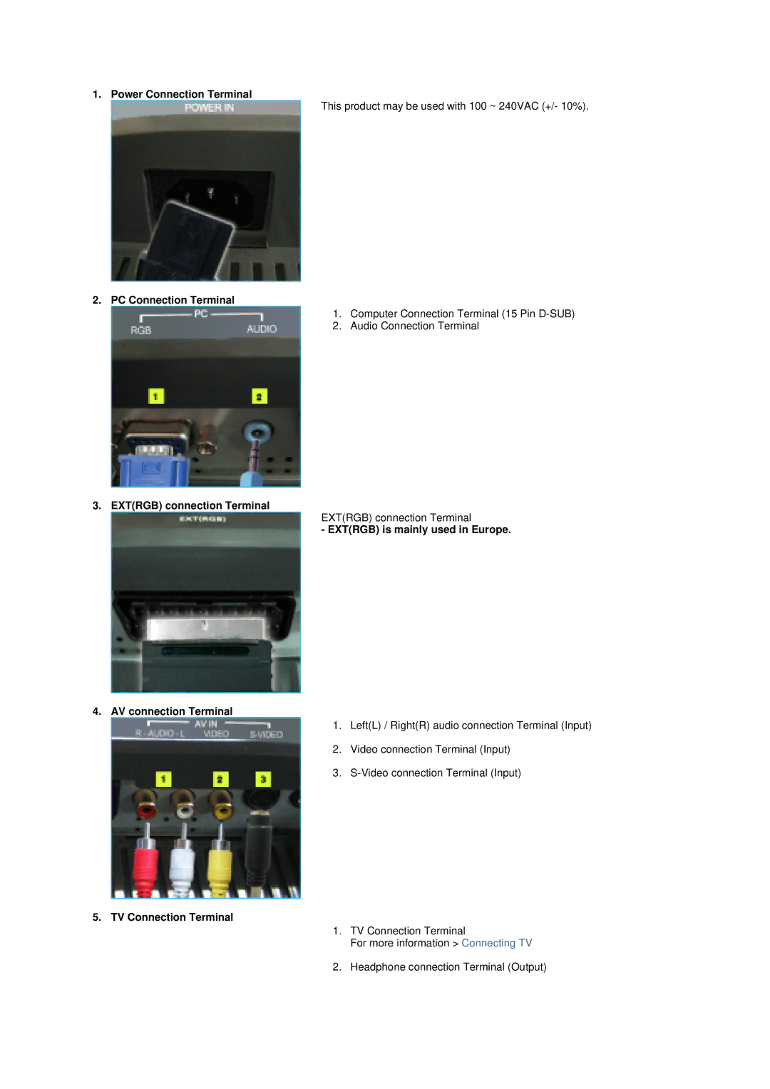 Samsung MZ19FSSS/EDC Power Connection Terminal, PC Connection Terminal, Extrgb connection Terminal, TV Connection Terminal 