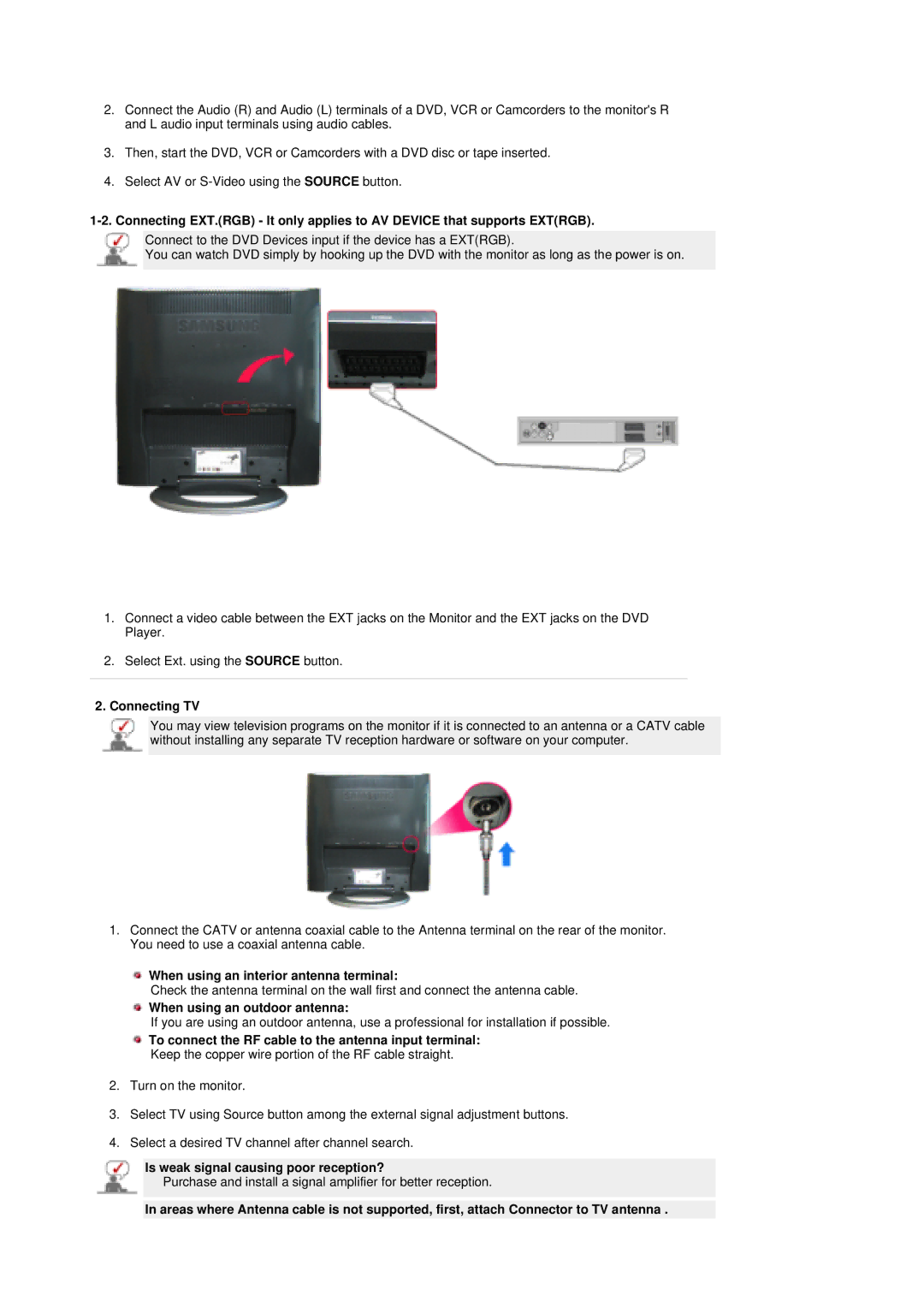 Samsung MZ19FSSS/EDC, LS19MZFSS/SAI Connecting TV, When using an interior antenna terminal, When using an outdoor antenna 