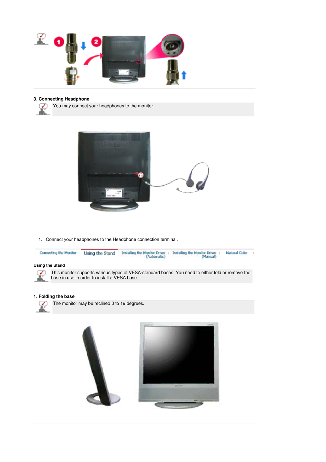 Samsung LS19MZFSS/SAI, MZ19FSSS/EDC, MZ19FSSS/XSG manual Connecting Headphone, Folding the base 