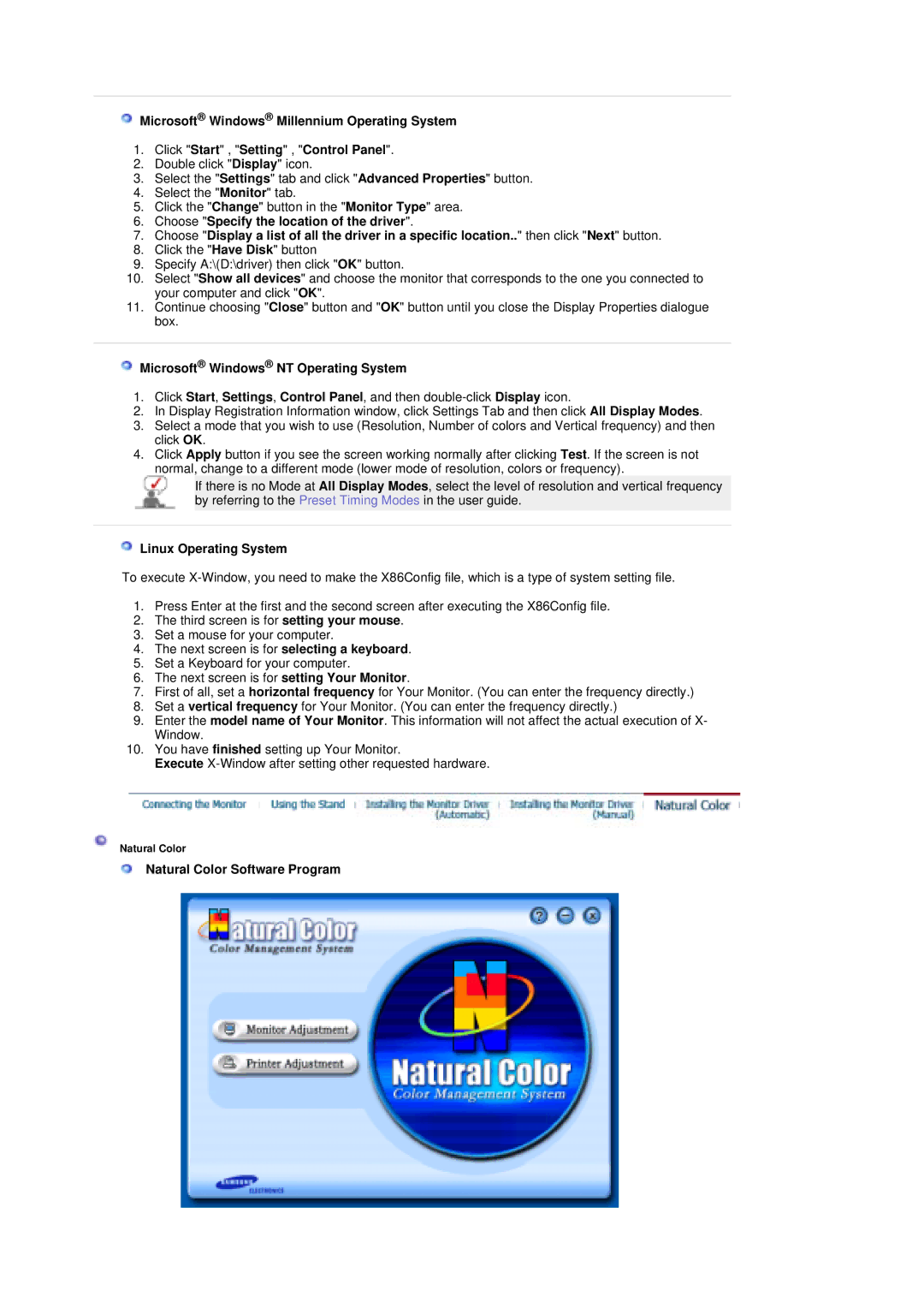 Samsung LS19MZFSS/SAI manual Microsoft Windows NT Operating System, Linux Operating System, Natural Color Software Program 
