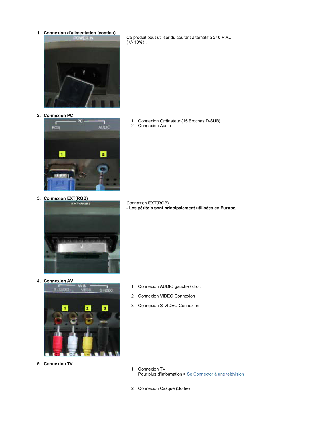 Samsung MZ19FSSS/EDC manual Connexion d’alimentation continu, Connexion PC, Connexion Extrgb, Connexion TV 