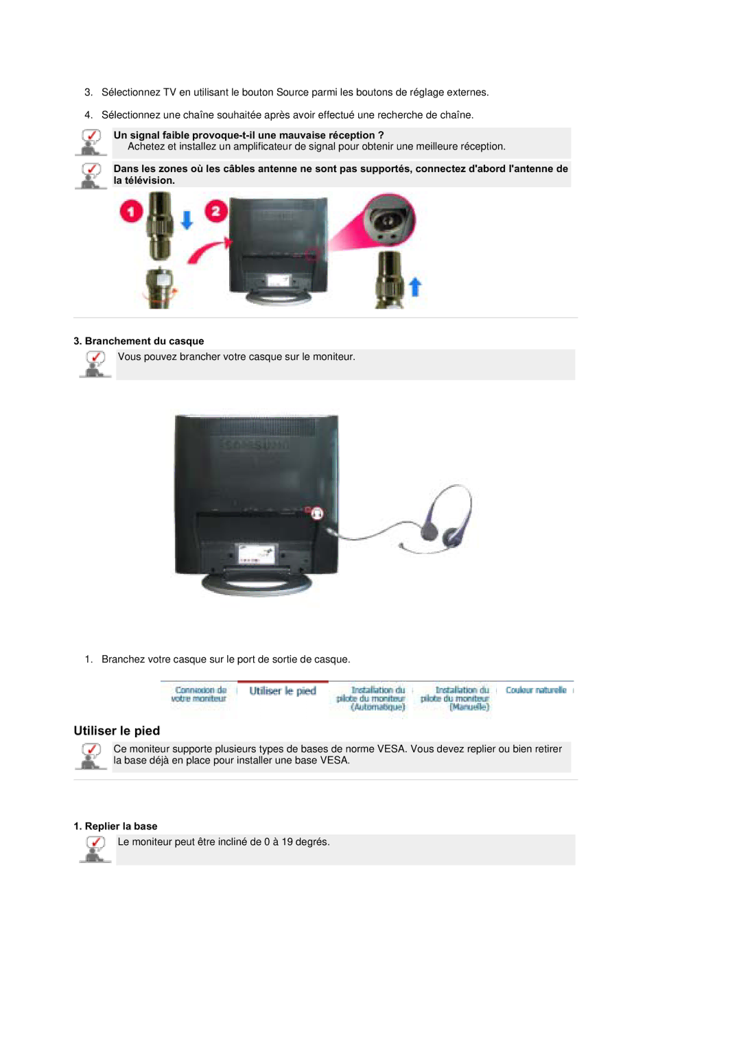 Samsung MZ19FSSS/EDC manual Un signal faible provoque-t-il une mauvaise réception ?, Replier la base 