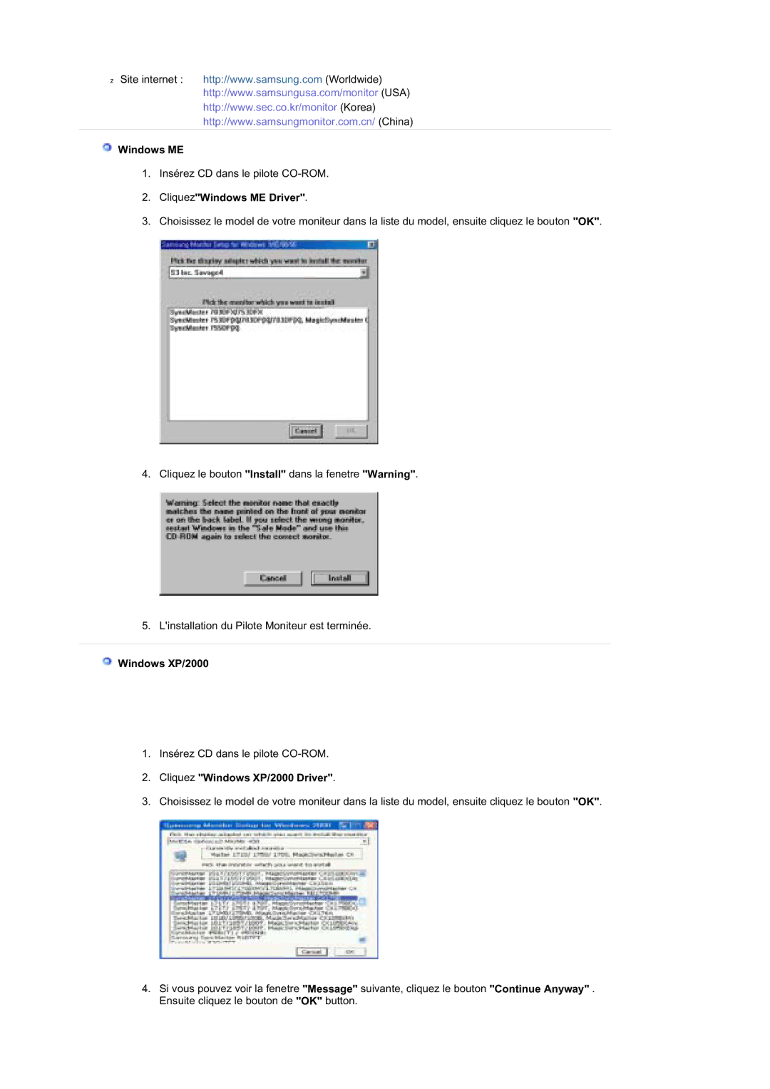 Samsung MZ19FSSS/EDC manual CliquezWindows ME Driver, Cliquez Windows XP/2000 Driver 