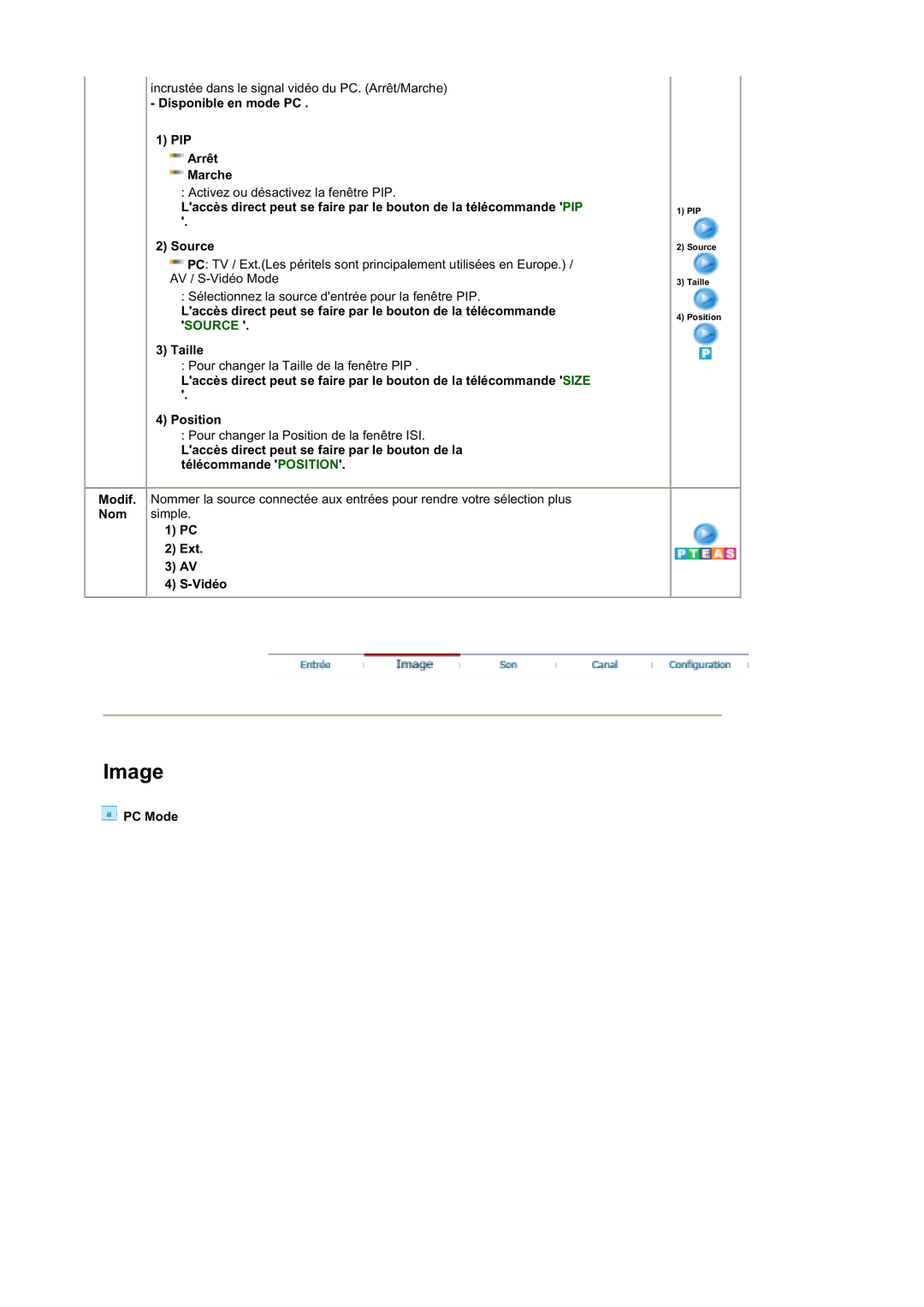 Samsung MZ19FSSS/EDC manual Disponible en mode PC PIP Arrêt Marche, Ext Vidéo, PC Mode 