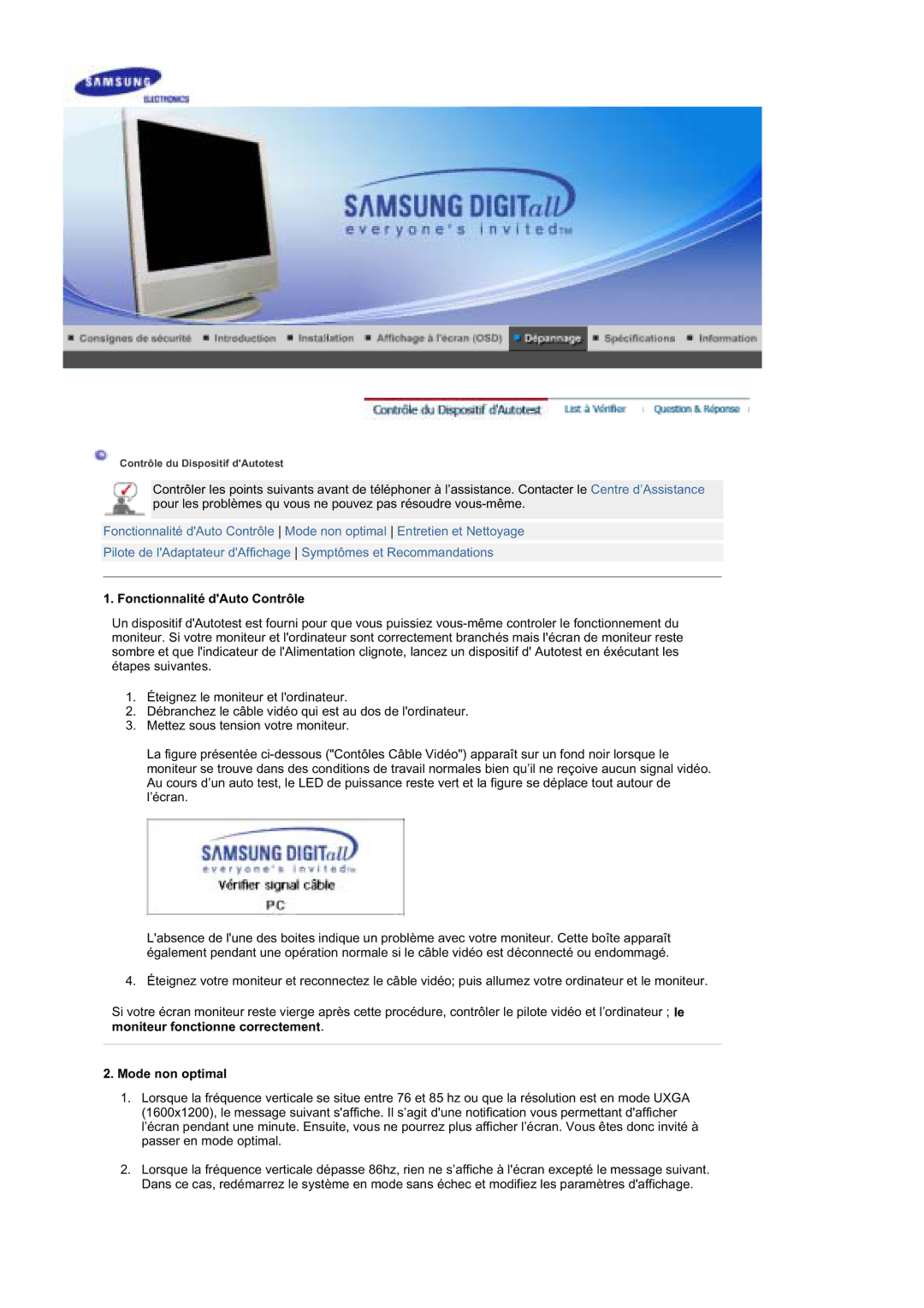 Samsung MZ19FSSS/EDC manual Fonctionnalité dAuto Contrôle, Mode non optimal 