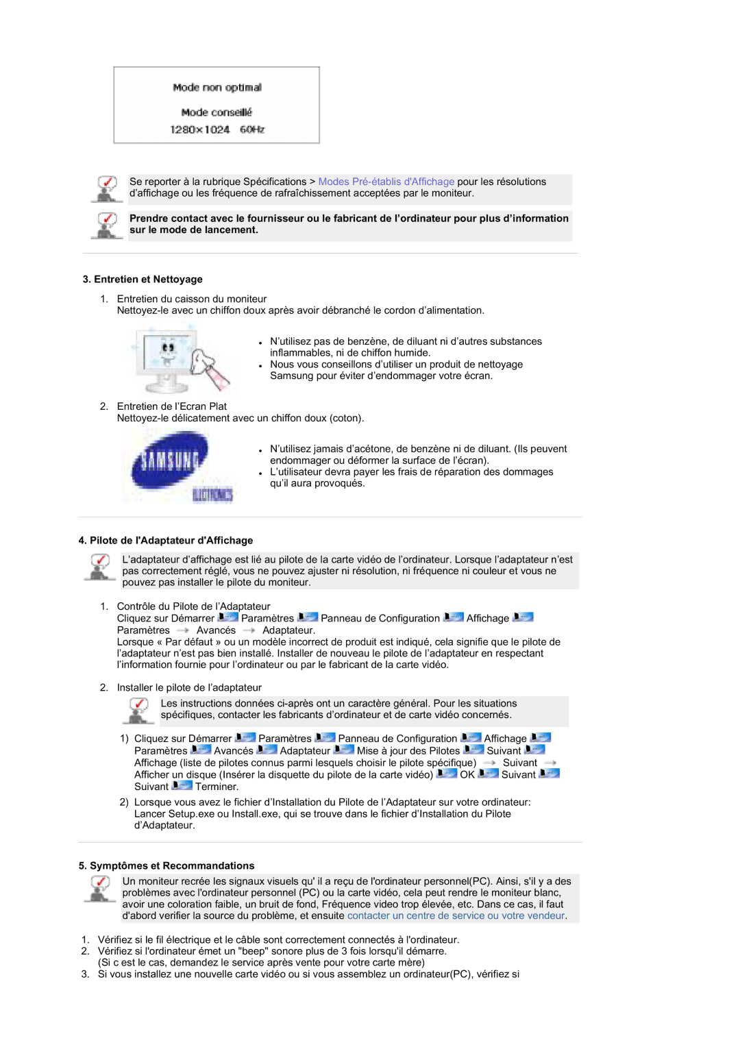 Samsung MZ19FSSS/EDC manual Pilote de lAdaptateur dAffichage, Symptômes et Recommandations 