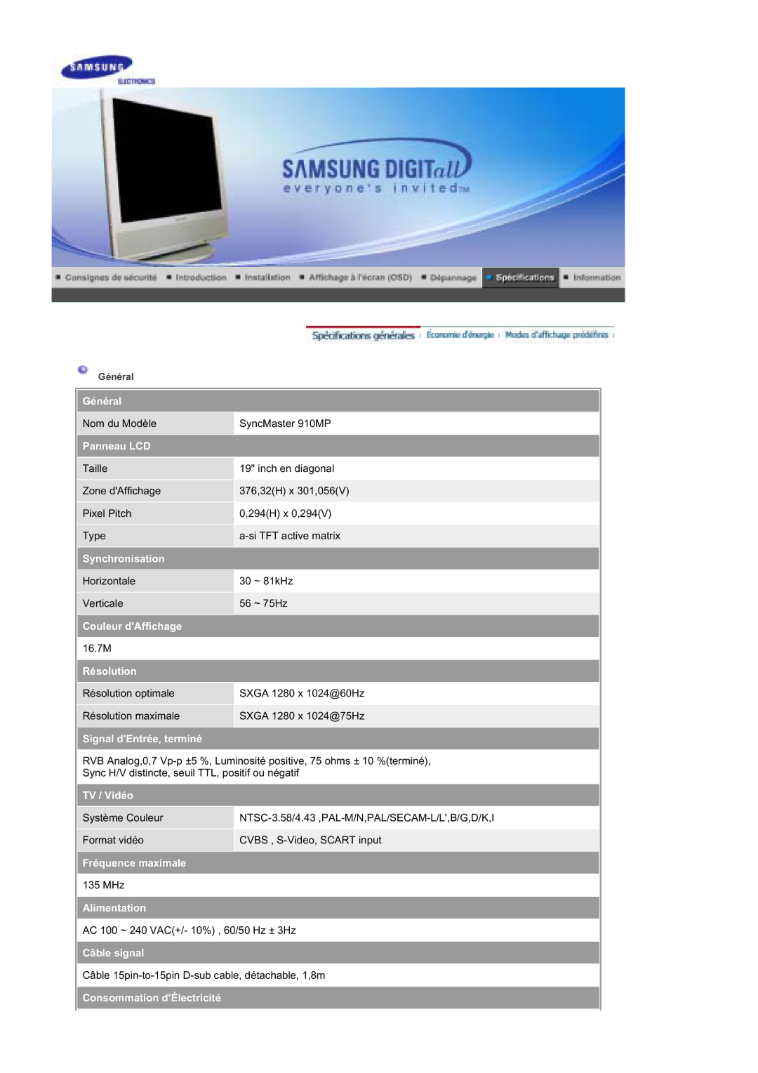 Samsung MZ19FSSS/EDC manual Général, Panneau LCD, Synchronisation, Couleur dAffichage, Résolution, Signal dEntrée, terminé 