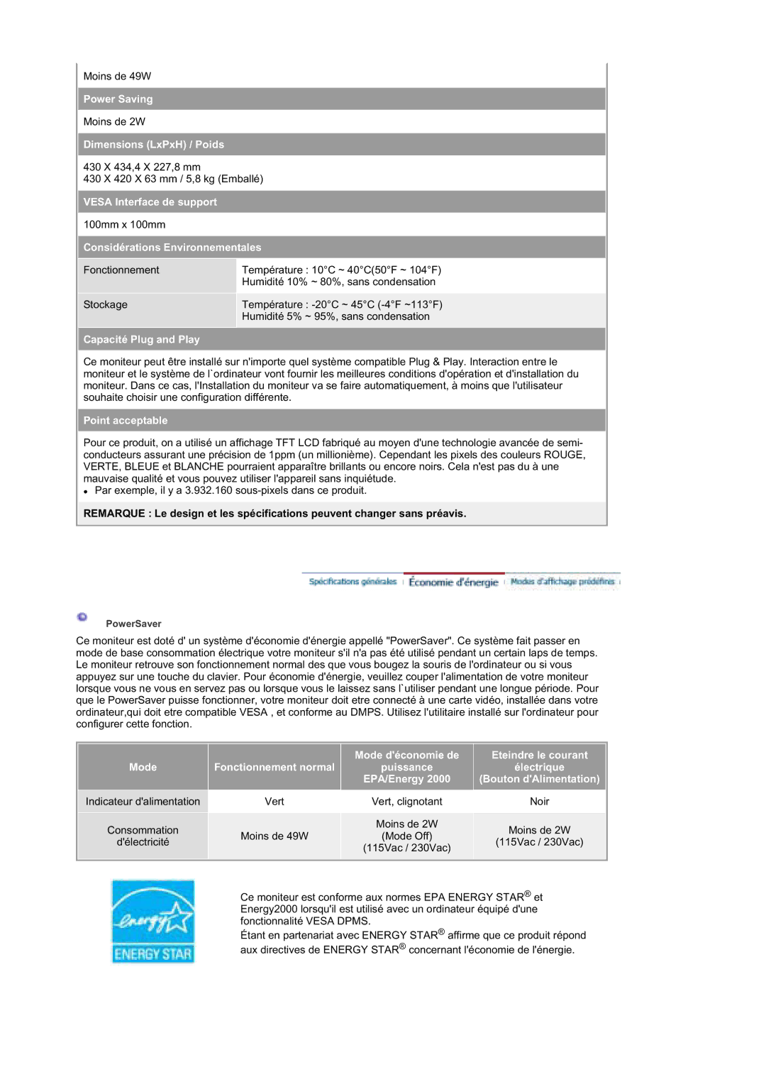 Samsung MZ19FSSS/EDC Power Saving, Dimensions LxPxH / Poids, Vesa Interface de support, Considérations Environnementales 