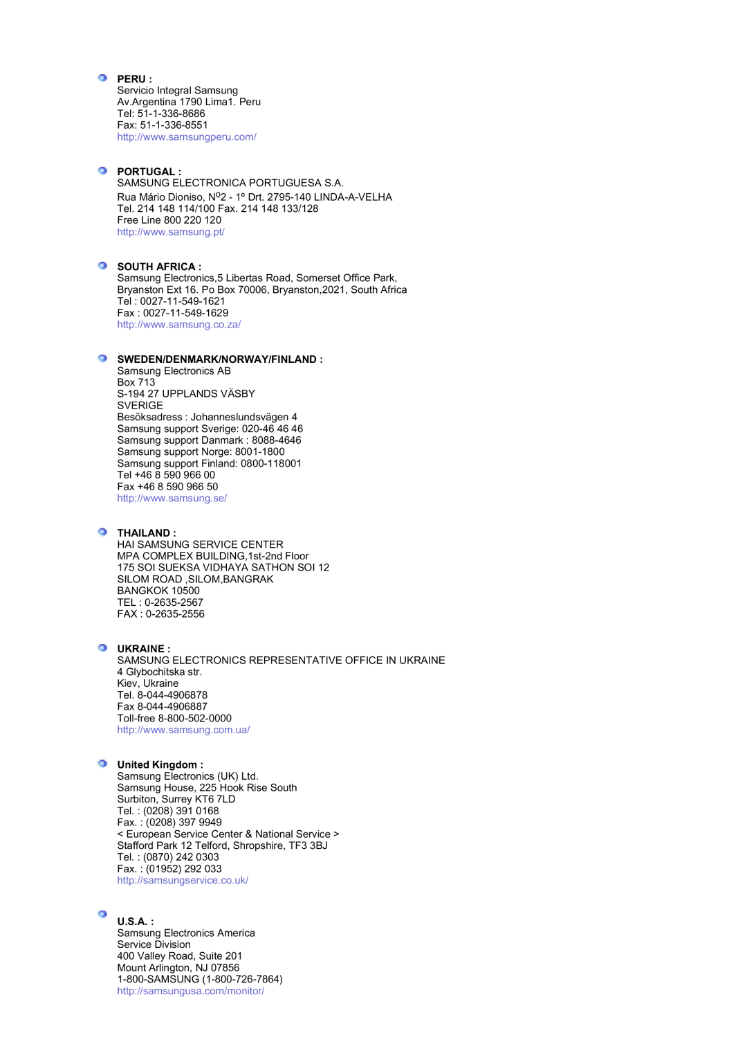 Samsung MZ19FSSS/EDC manual Peru, Portugal, South Africa, Sweden/Denmark/Norway/Finland, Thailand, Ukraine 