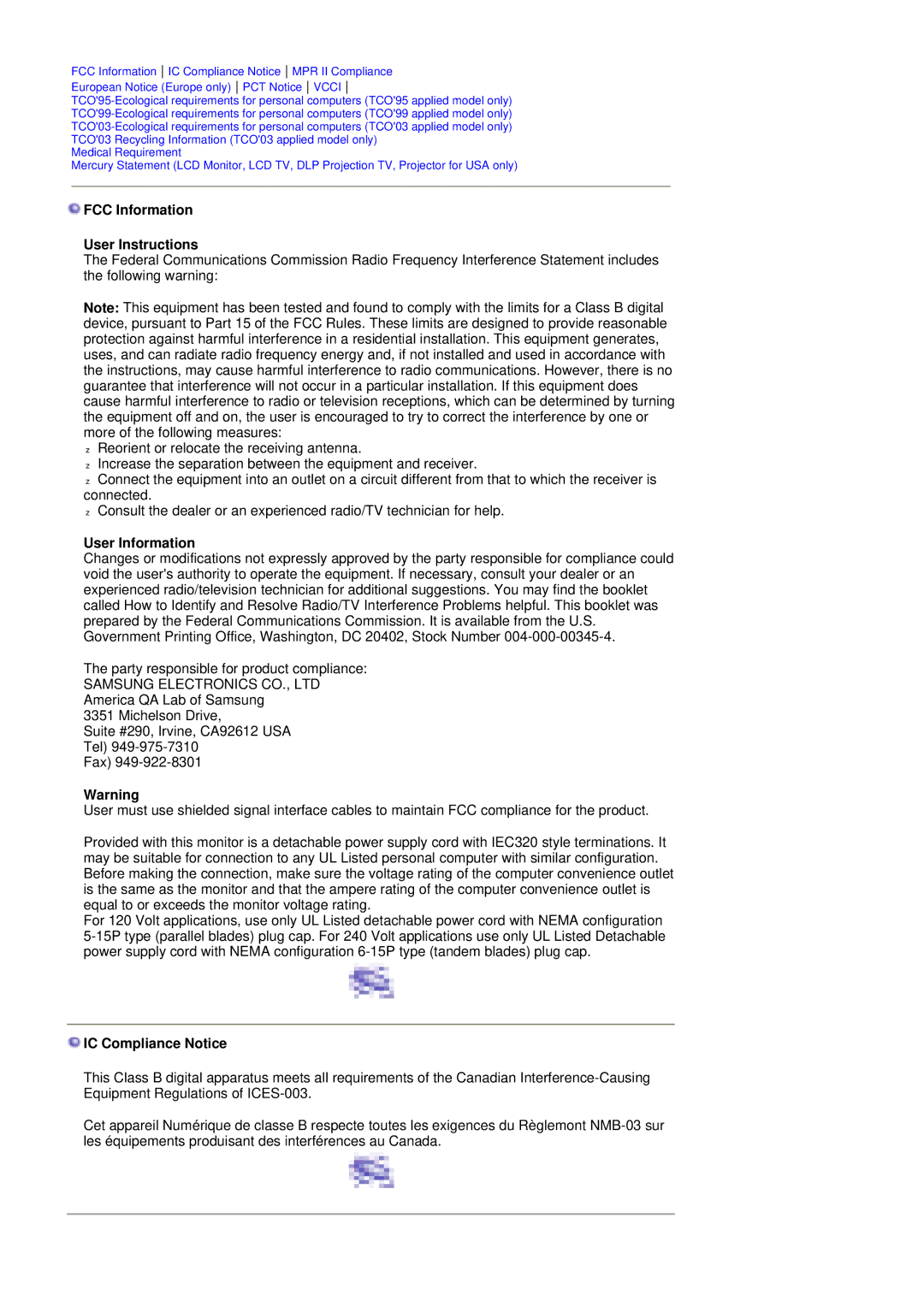 Samsung MZ19FSSS/EDC manual FCC Information User Instructions, User Information, IC Compliance Notice 