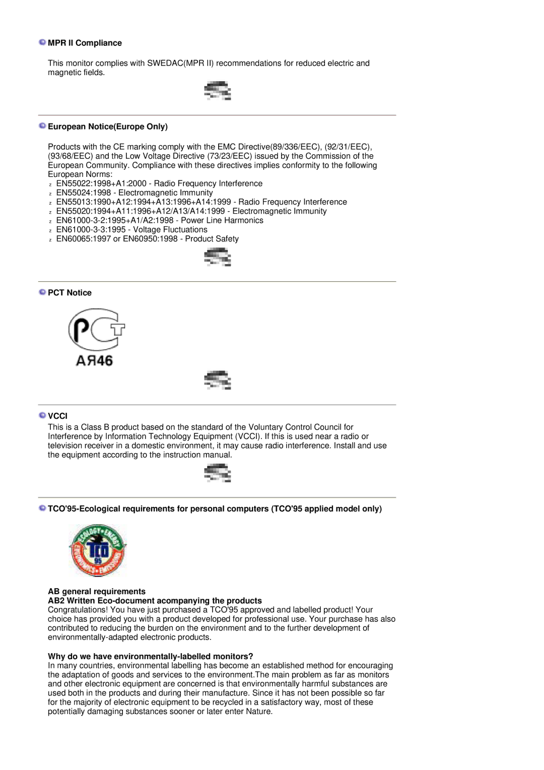 Samsung MZ19FSSS/EDC manual MPR II Compliance, European NoticeEurope Only, PCT Notice 