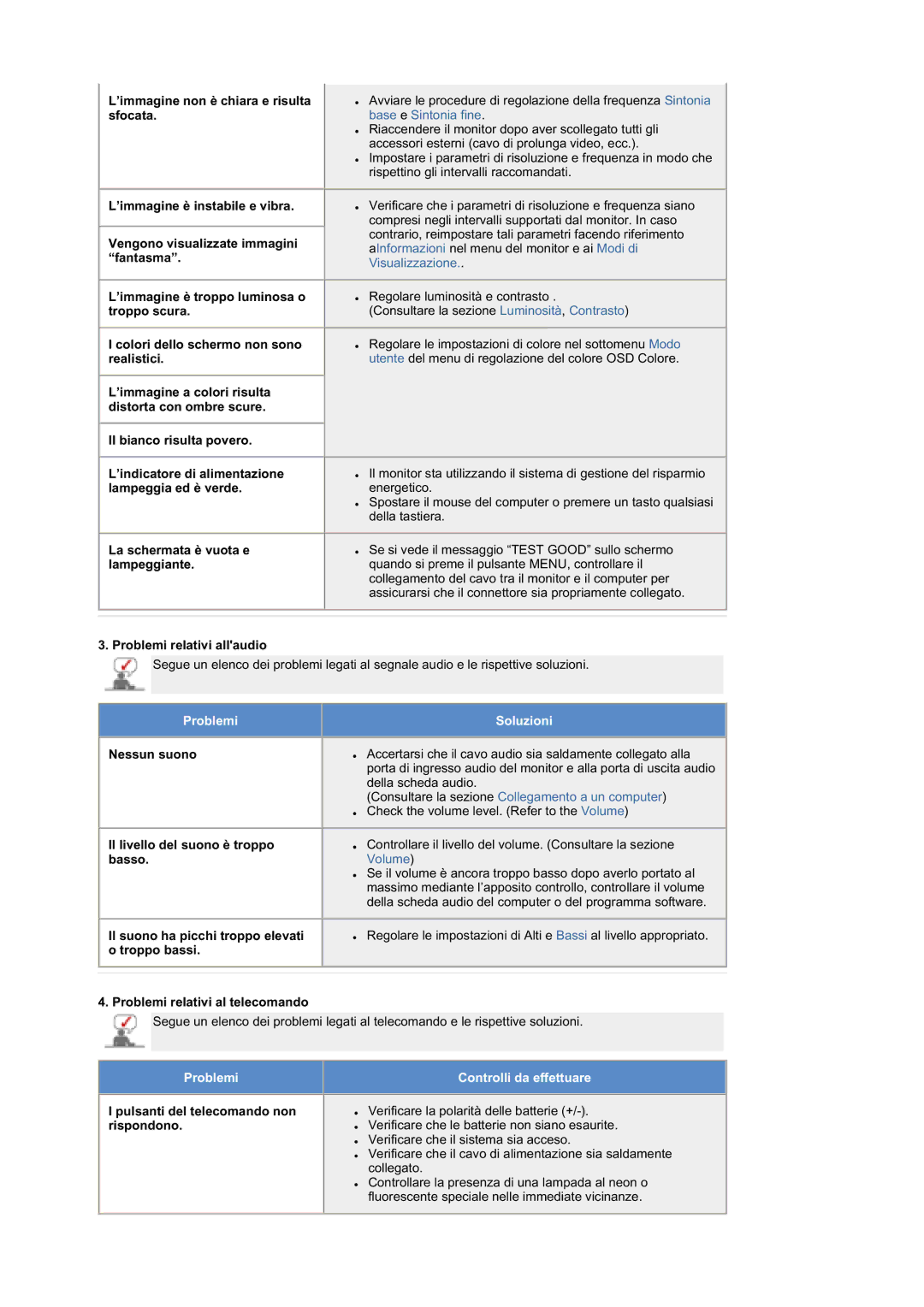 Samsung MZ19FSSS/EDC manual Il bianco risulta povero, La schermata è vuota e lampeggiante, Problemi relativi allaudio 