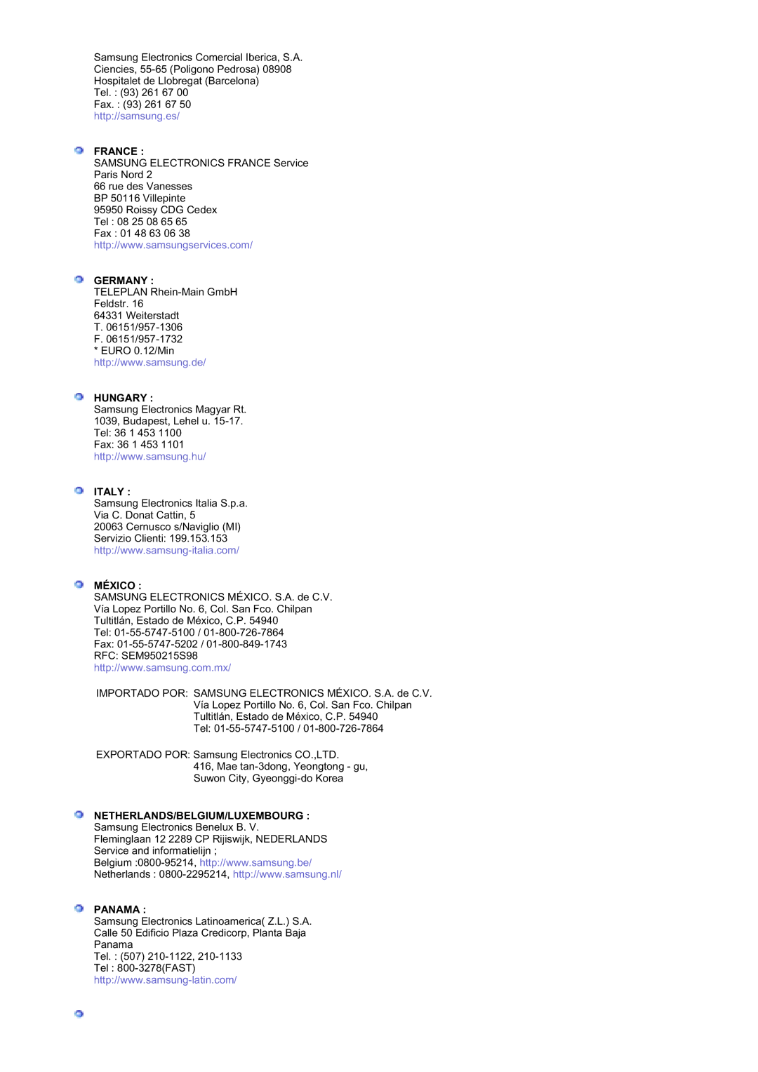 Samsung MZ19FSSS/EDC manual France, Germany, Hungary, Italy, México, Netherlands/Belgium/Luxembourg, Panama 