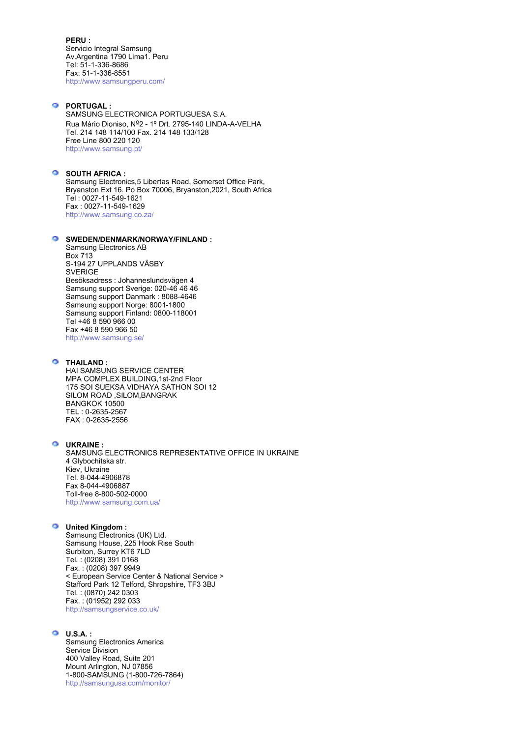 Samsung MZ19FSSS/EDC manual Peru, Portugal, South Africa, Sweden/Denmark/Norway/Finland, Thailand, Ukraine 