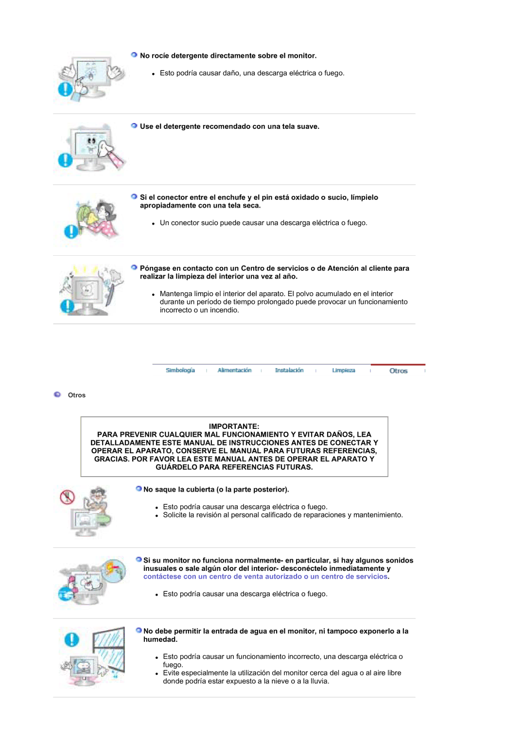 Samsung MZ19FSSS/EDC manual No rocíe detergente directamente sobre el monitor, No saque la cubierta o la parte posterior 